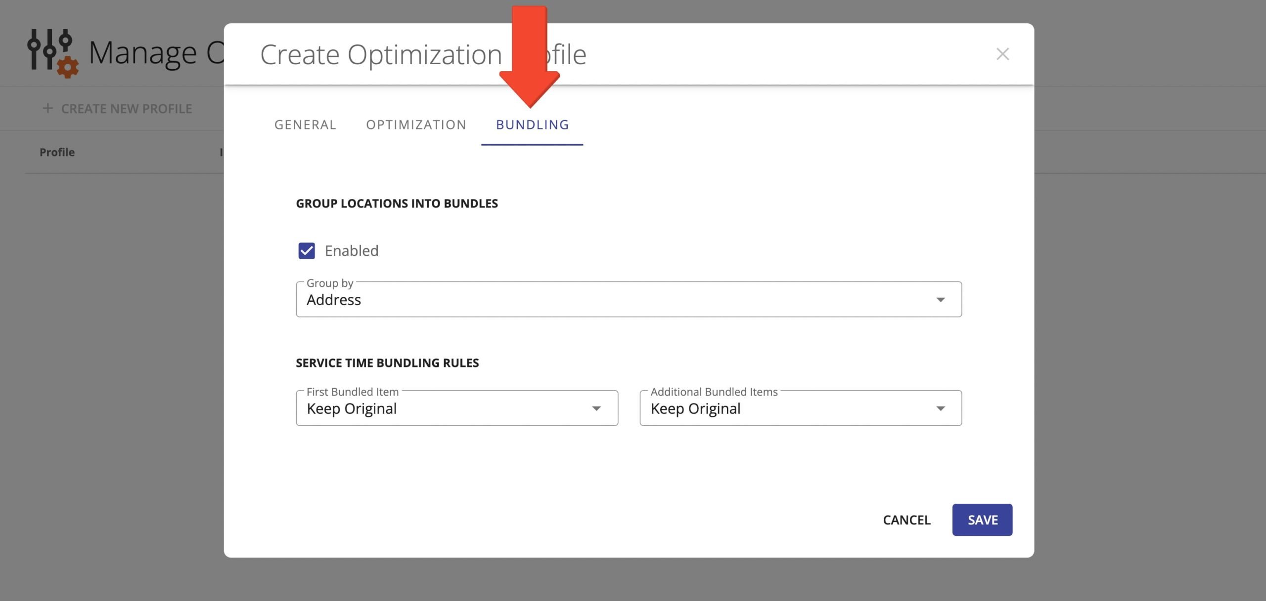Add route stops bundling rules in the optimization profile settings.