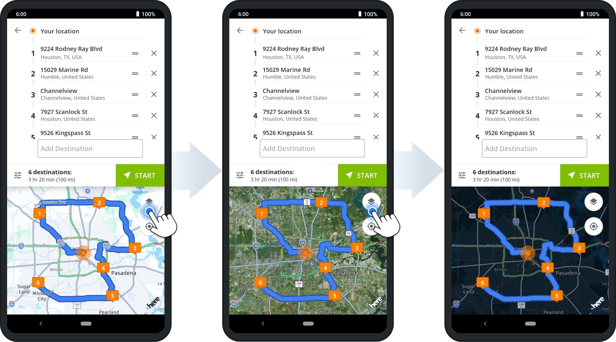 Truck maps settings with regular maps, satellite maps, and dark theme or night mode on the multi-stop truck route planner app.