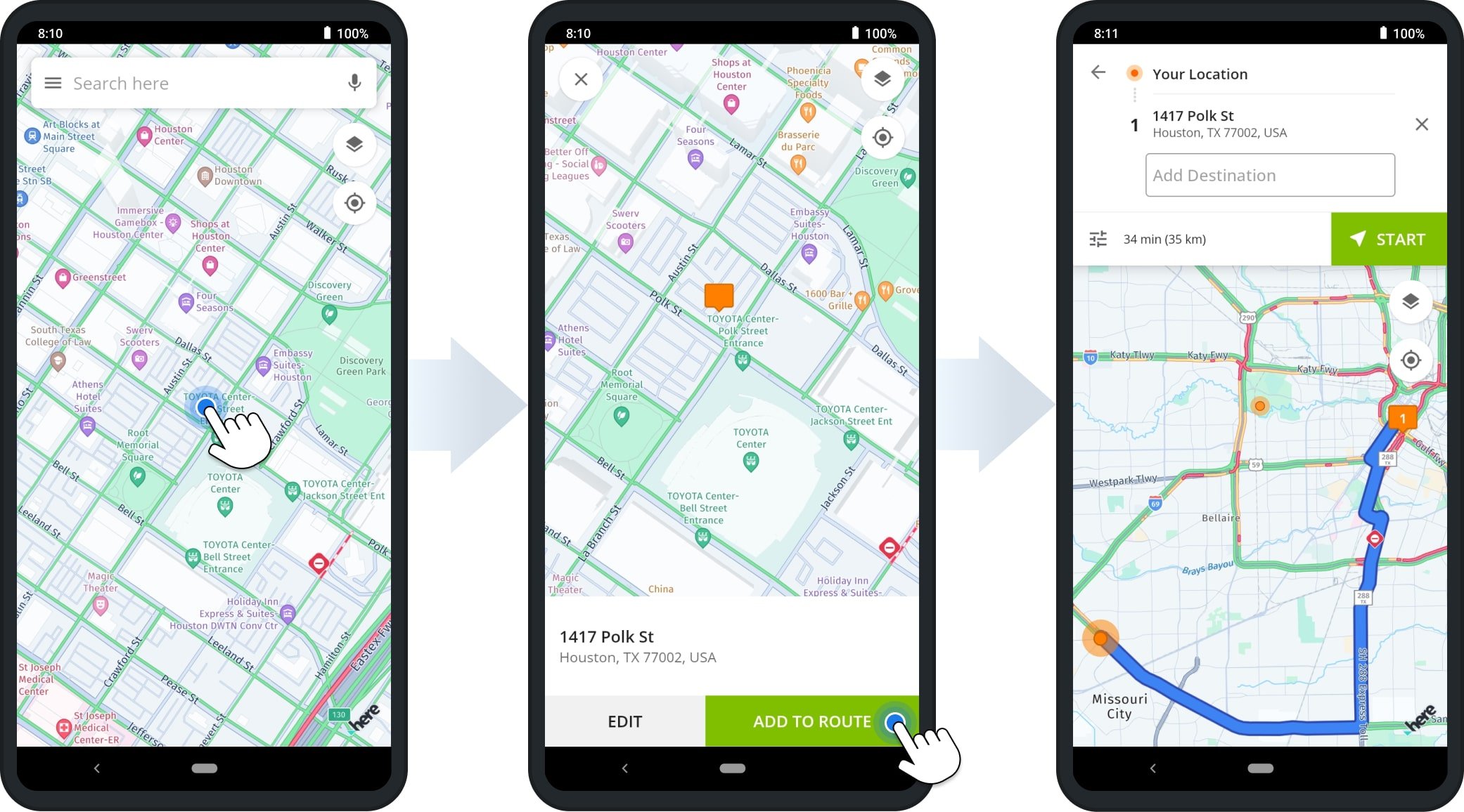 Pick addresses from the map to plan a multi-stop truck route for a commercial vehicle.