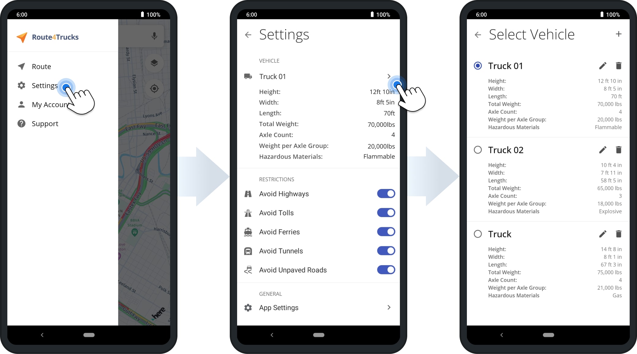 Add and manage commercial vehicle profiles with truck restrictions for height, weight, width, hazardous materials, etc.