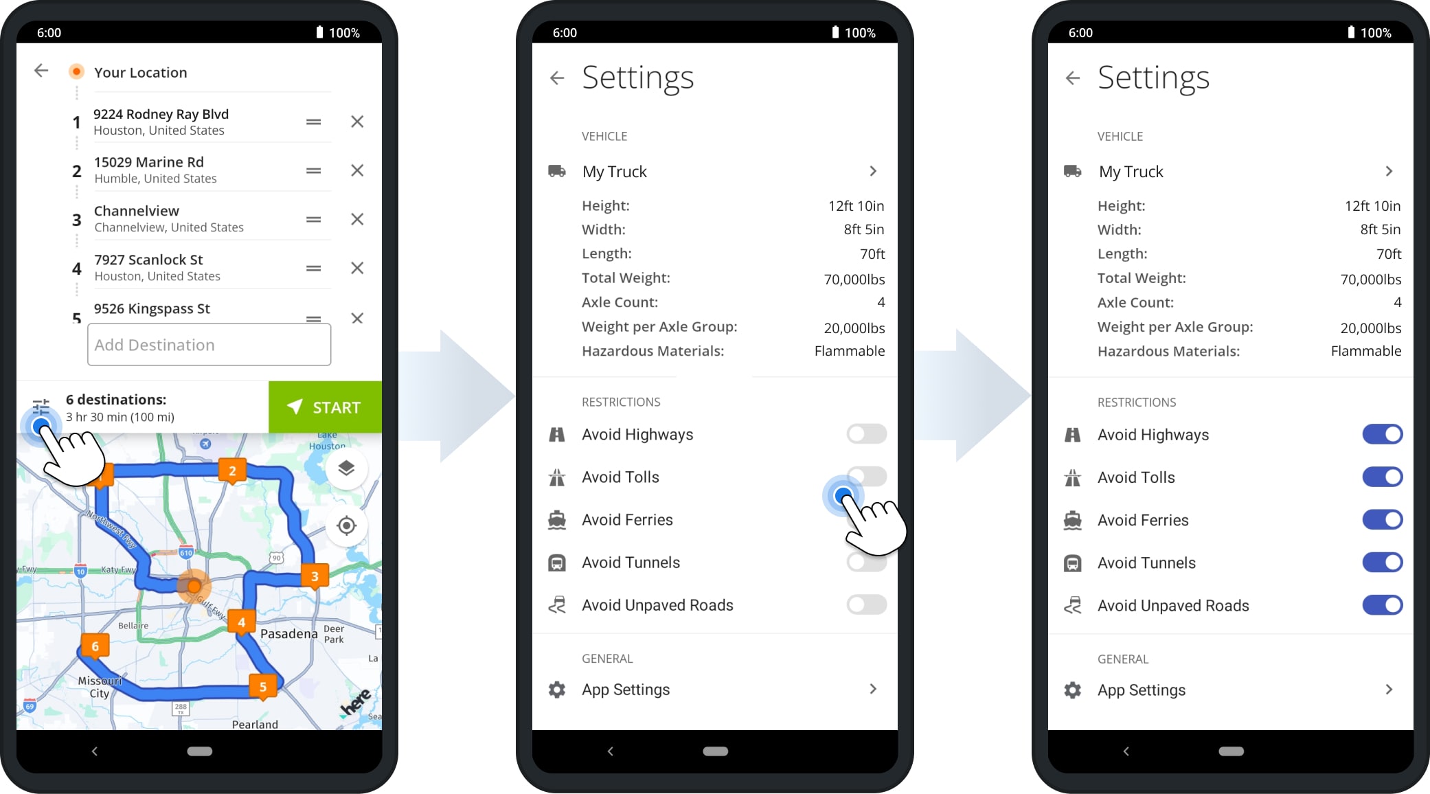 Truck road restrictions settings to avoid highways, toll roads, tunnels, and other roads on the trucker navigation app.