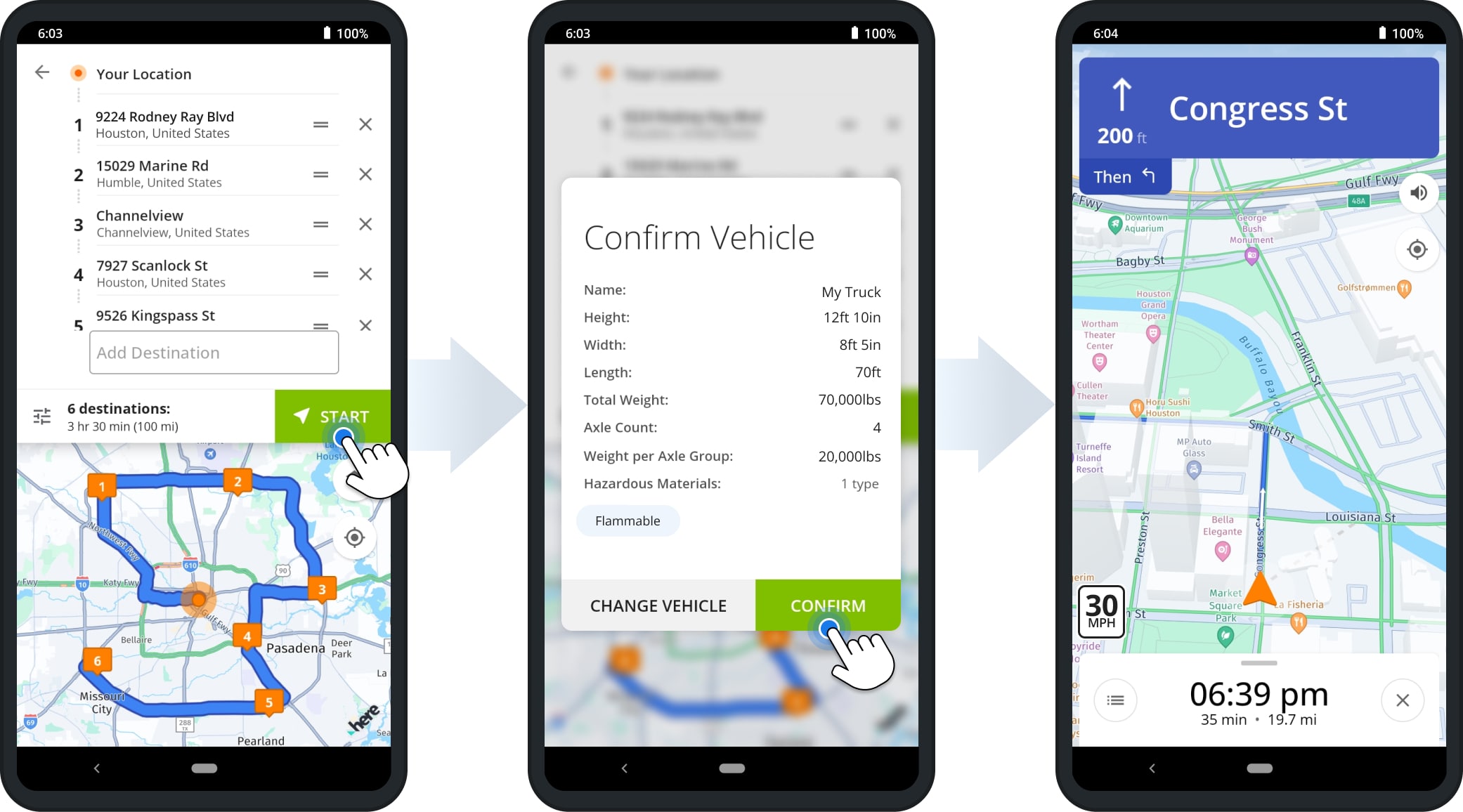 Add multiple stops and start GPS truck navigation for commercial vehicles.