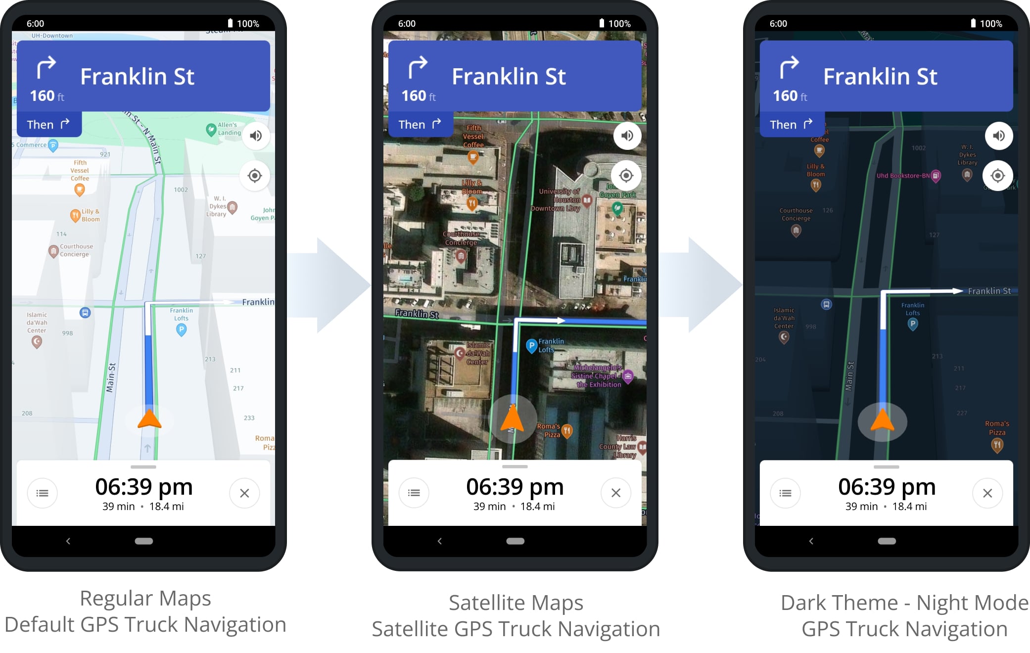 Satellite truck maps, dark theme or night mode truck maps, and regular maps on the truck GPS navigation app for truckers.