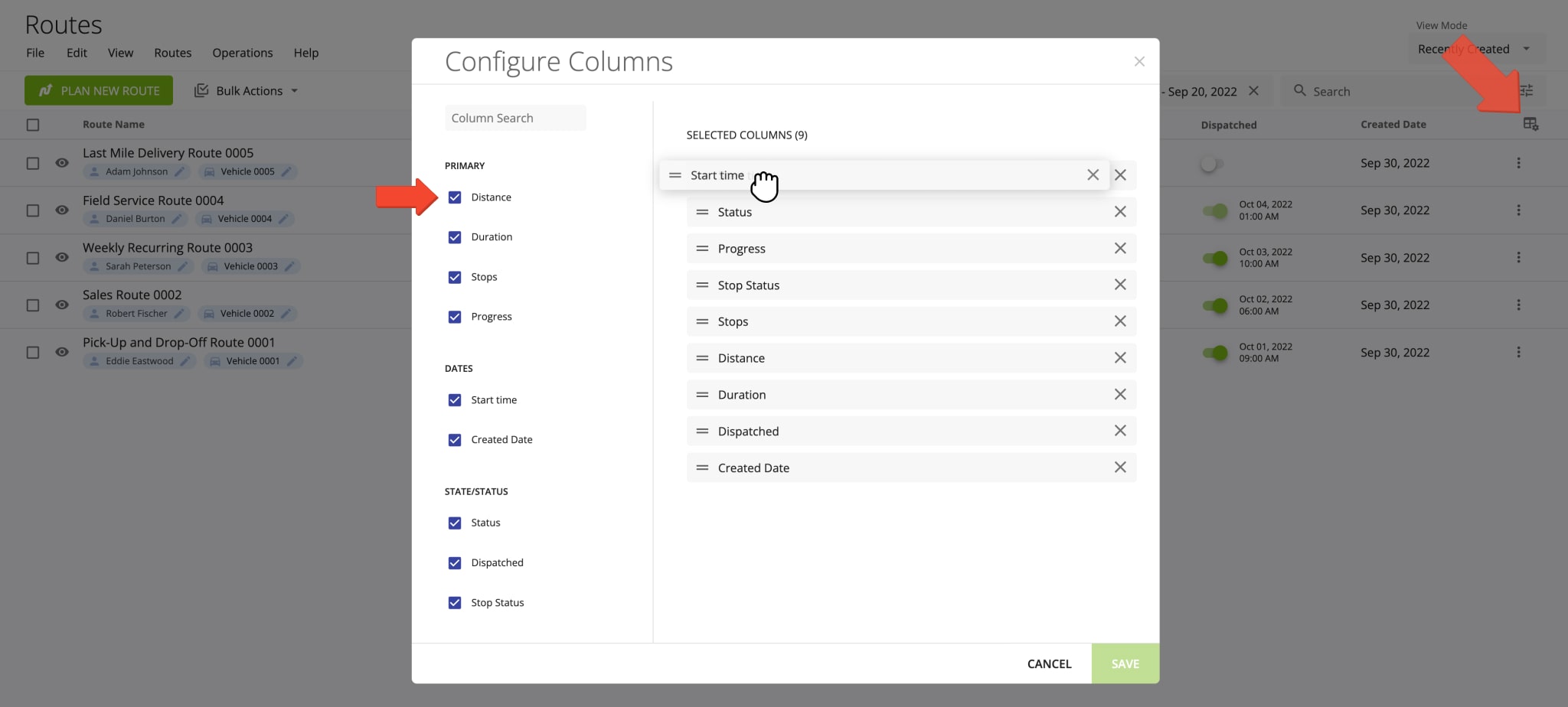 Configure route data columns and customize columns order in Route4Me Route Planner Routes List.