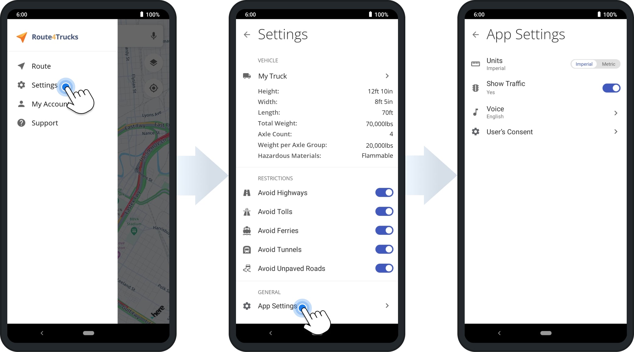 Route4Trucks GPS truck navigation app settings: distance units, traffic updates, speed alerts, and more.