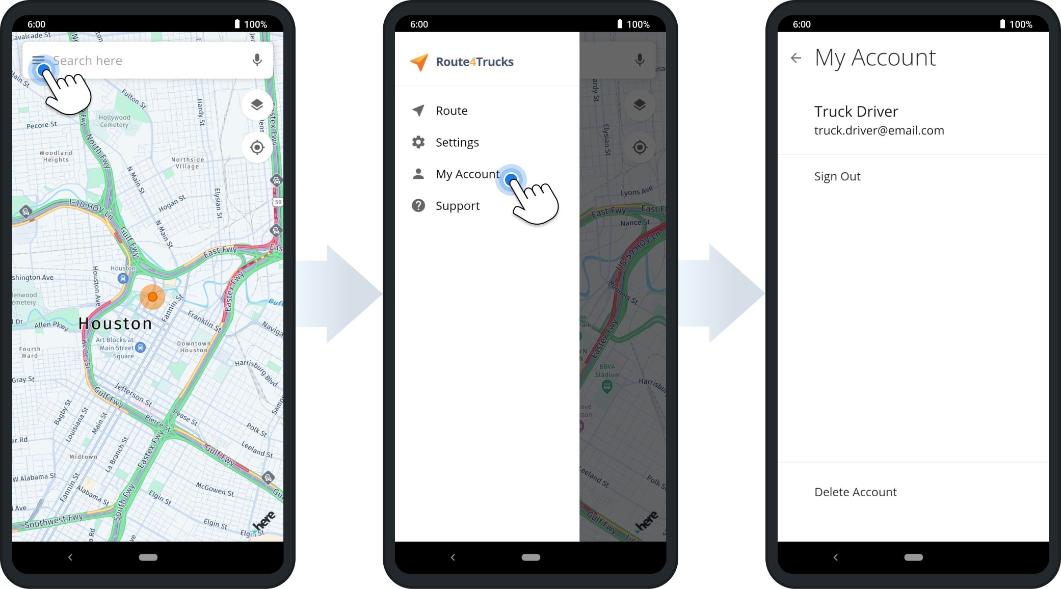 Route4Trucks app account management.