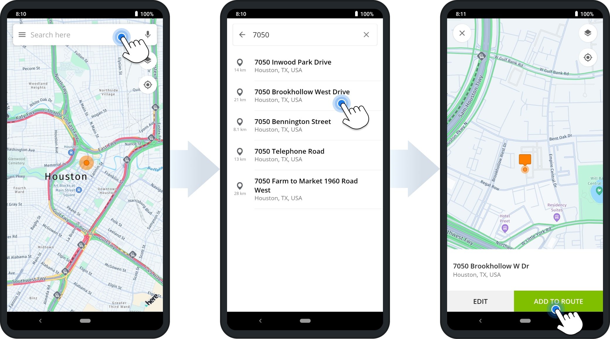 Add addresses with autocomplete to the trucker multi-stop route planner app for GPS truck navigation.