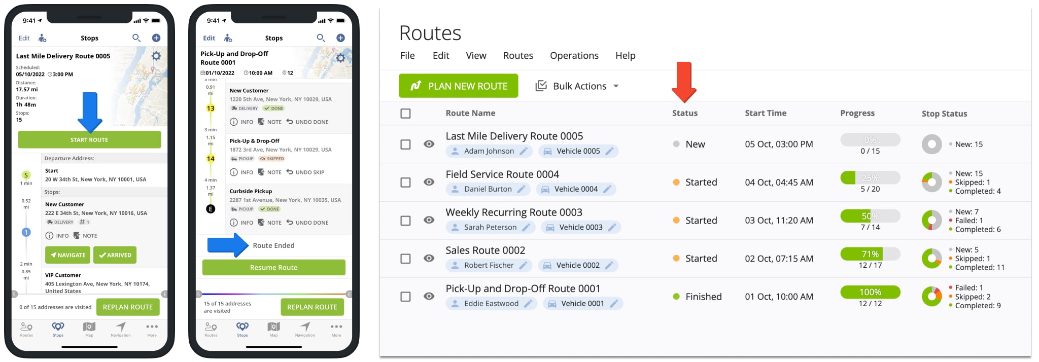 Route Planner Routes List route statuses for new routes, started routes and finished routes.