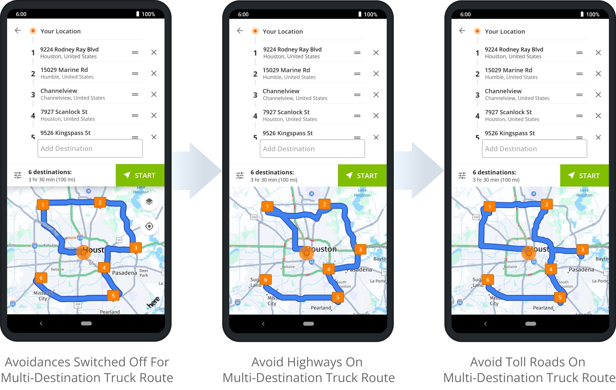 Avoid highways, toll roads, tunnels, ferries, and unpaved roads on the multi-stop route planner app for truckers and commercial vehicles.