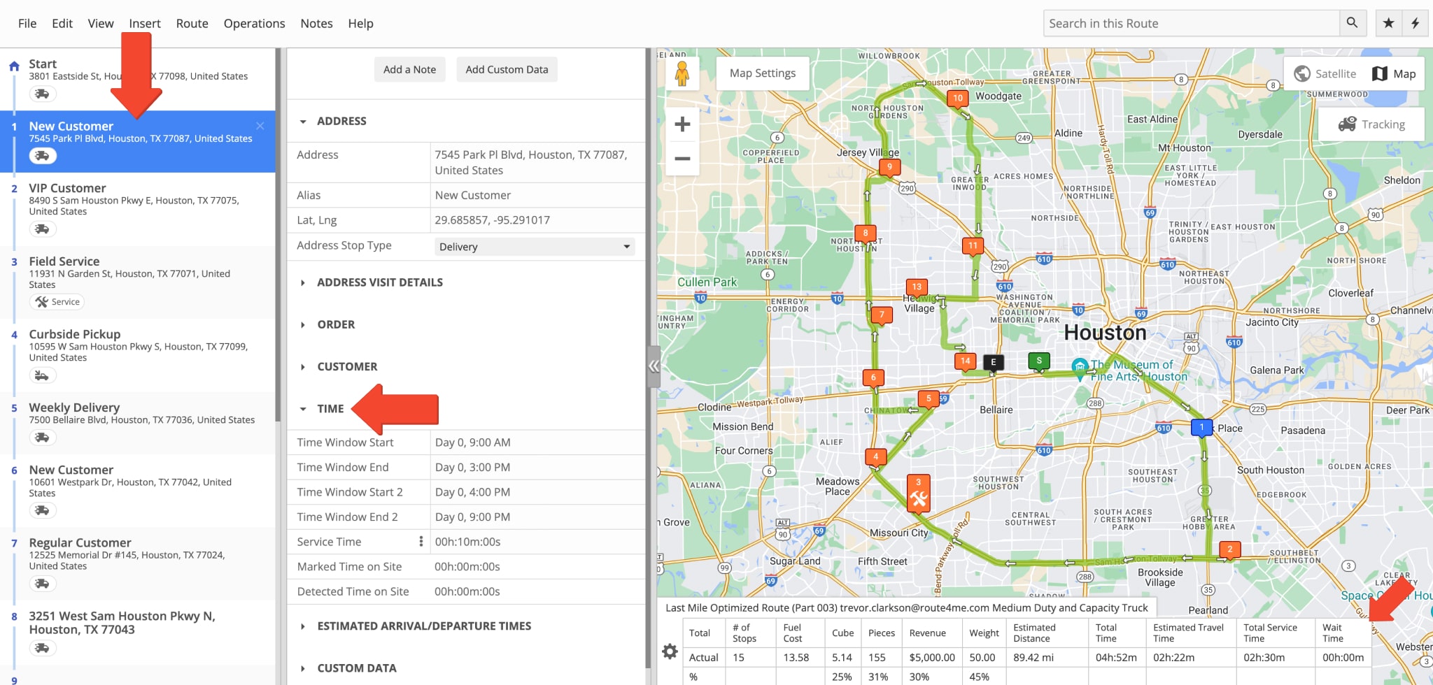 Time Windows details in the last mile route stop manifest in the Route4Me Route Editor tool.
