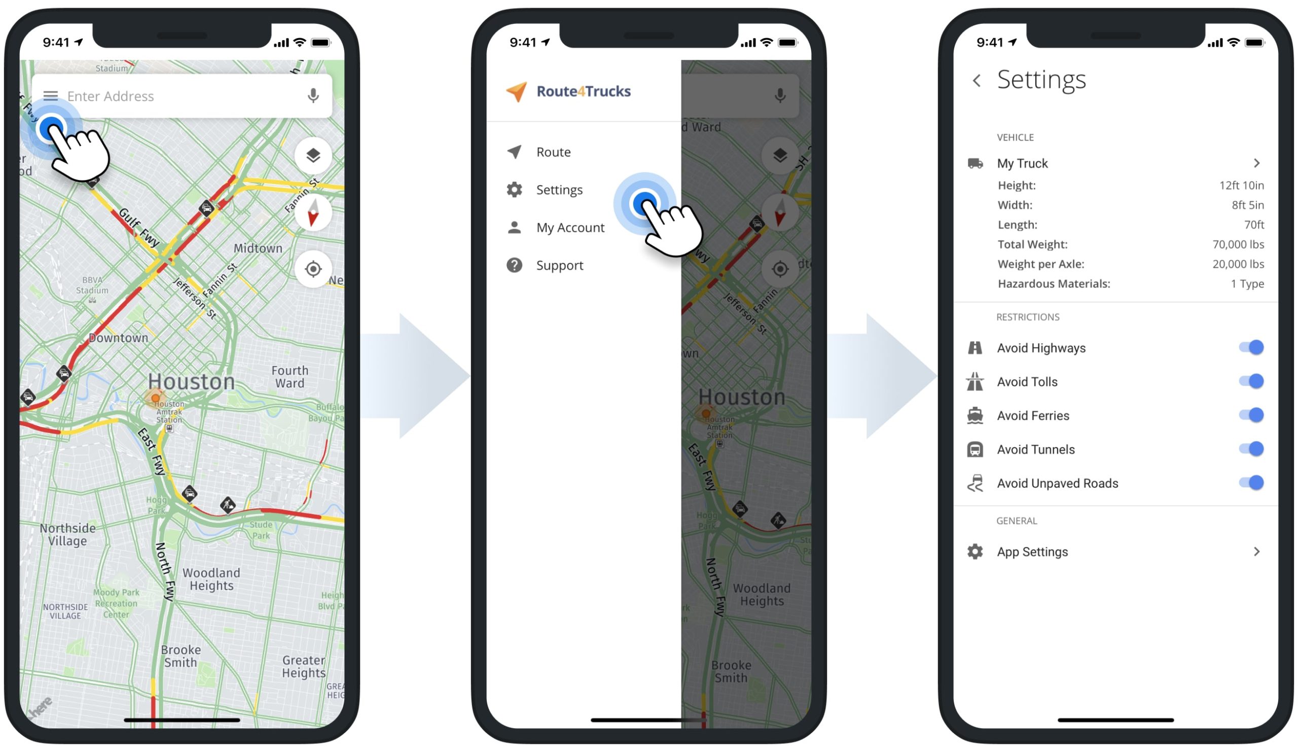 Route4Trucks app settings, commercial vehicle profiles, road restrictions, account, and subscription.