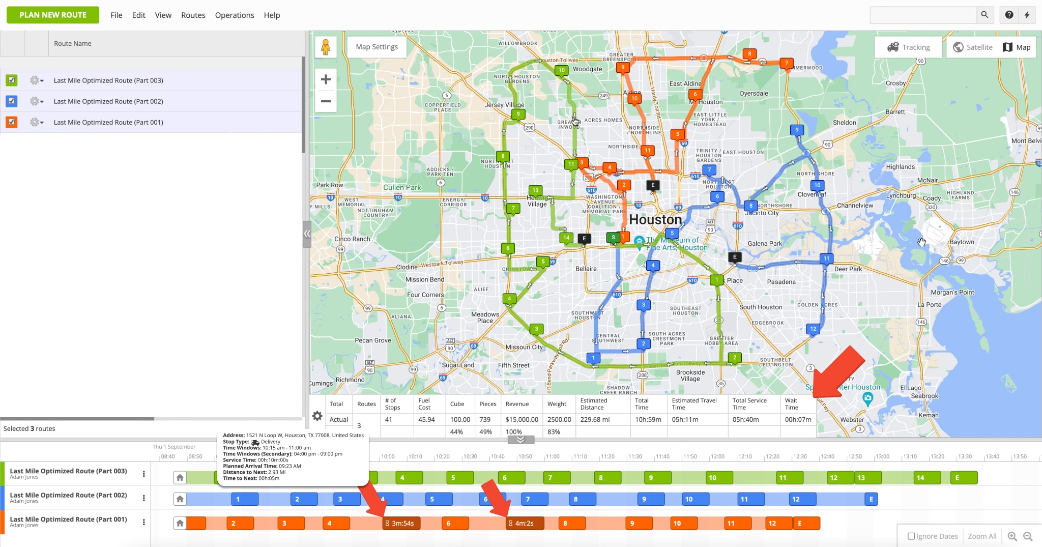 Optimized last mile routes with wait time between route stops due to the differences in customers' Time Windows.