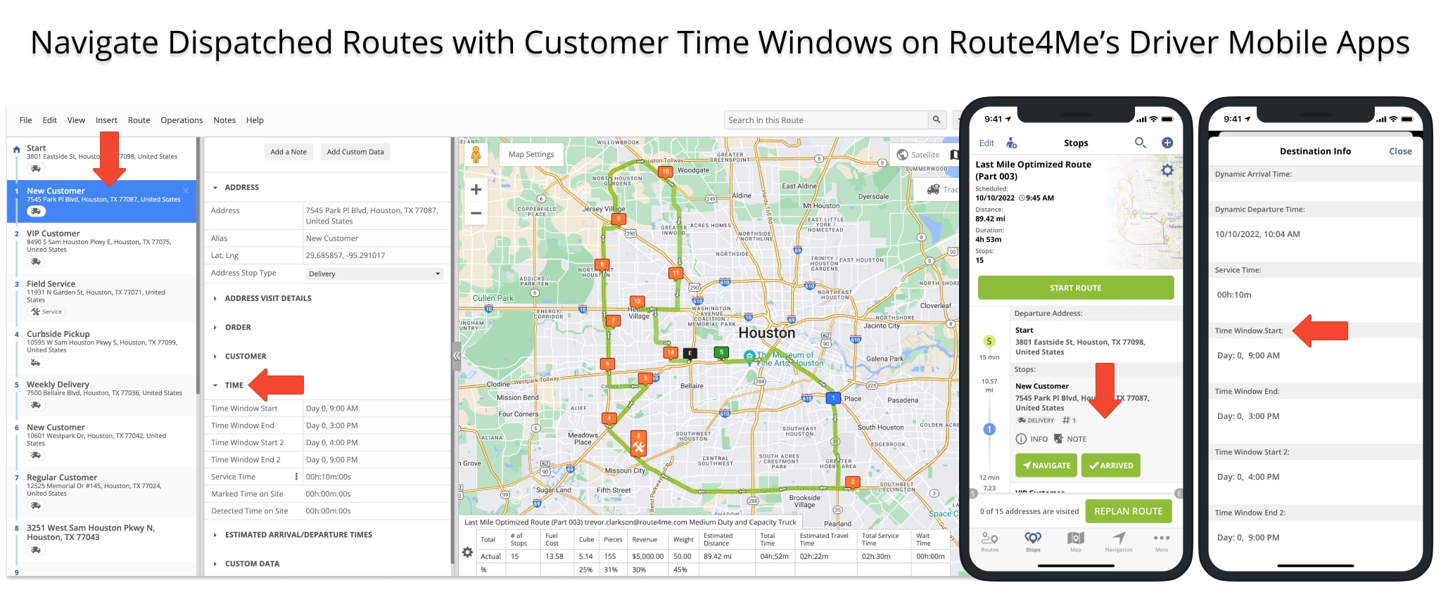 Customer Time Windows on dispatched driver routes opened using Route4Me's driver mobile apps.