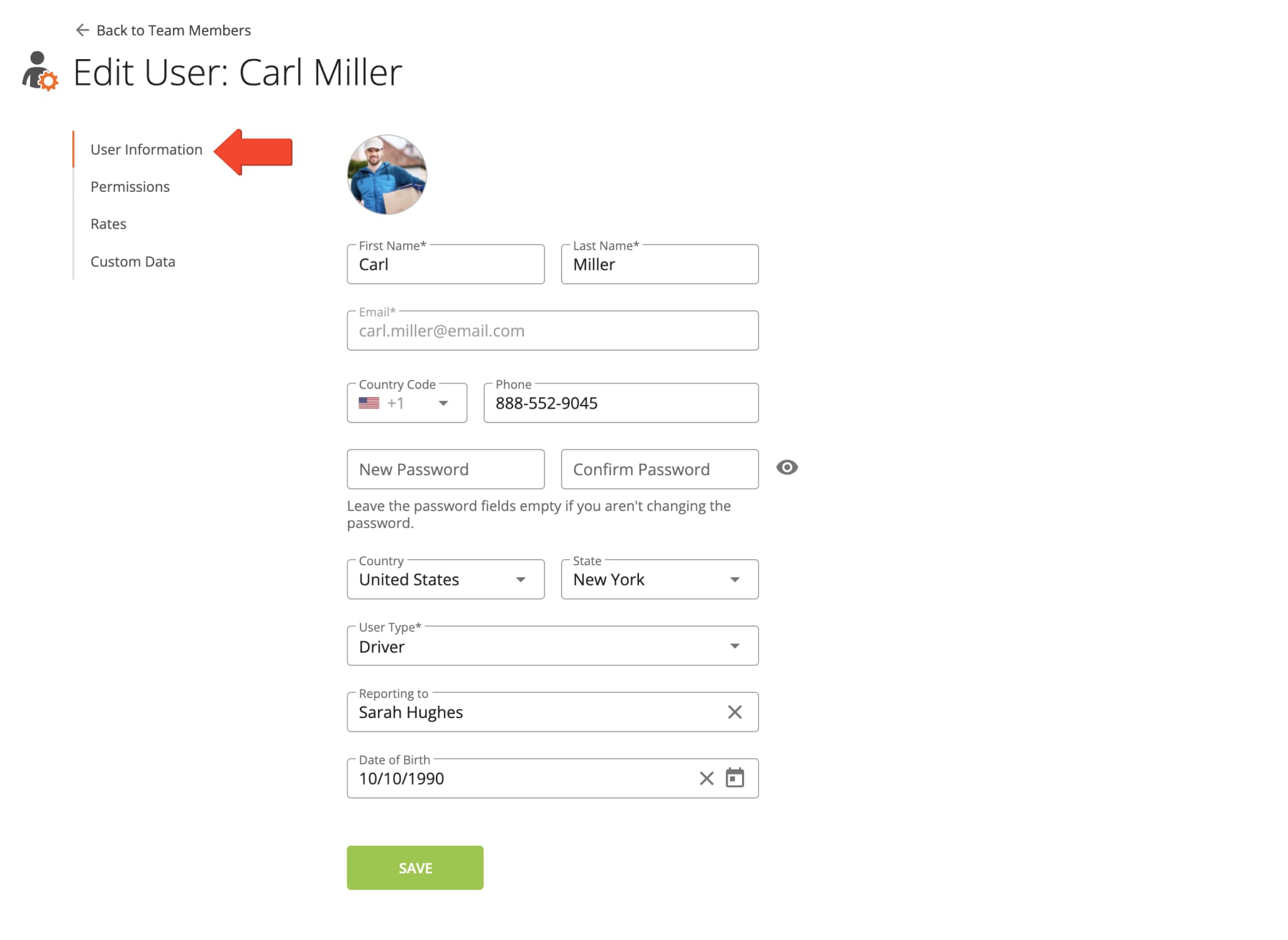 Edit general team member profile information such as user name, email address, password, and user type for drivers, route planners, etc.