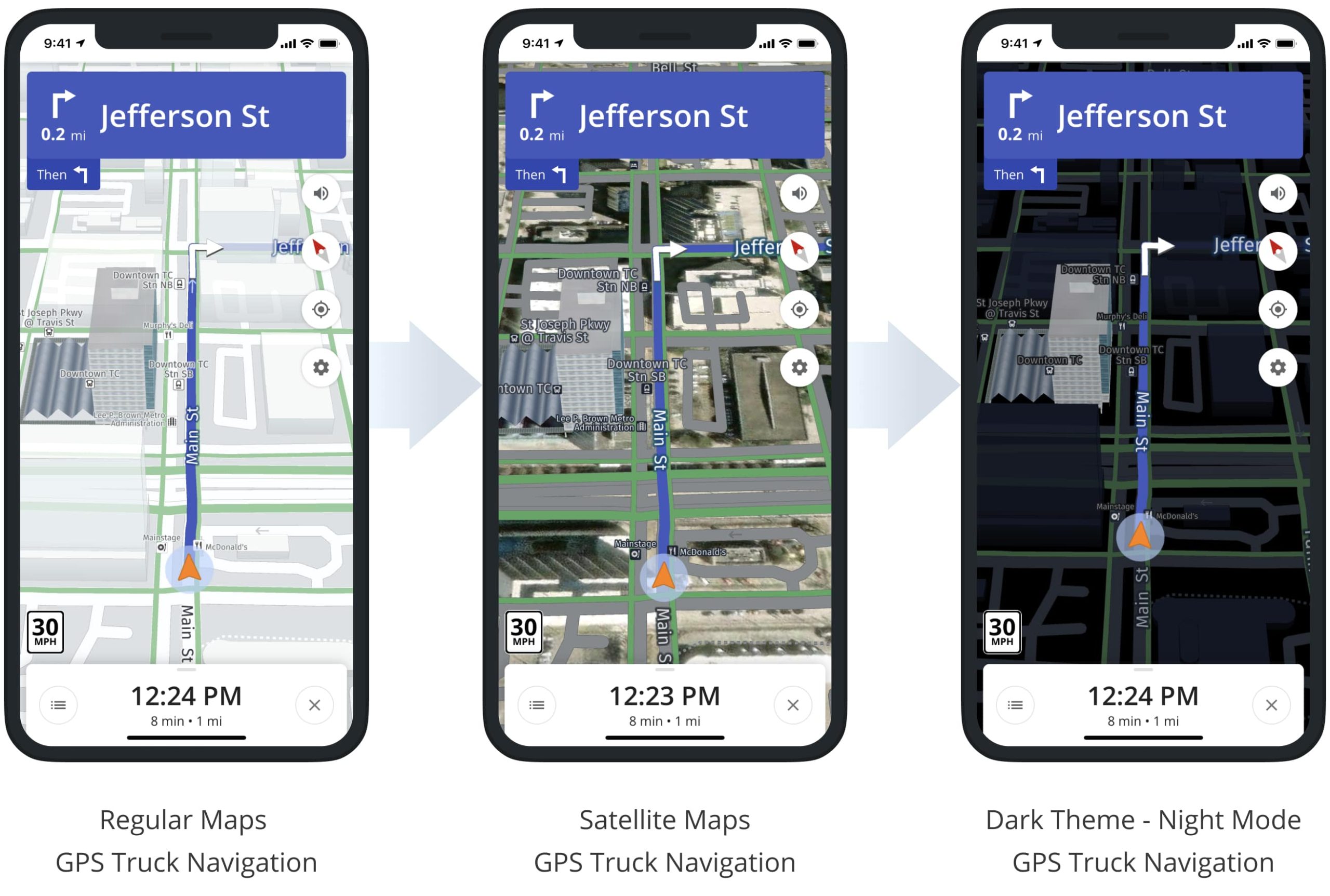 Satellite truck maps, dark theme or night mode truck maps, and regular maps on the truck GPS navigation app for truckers.
