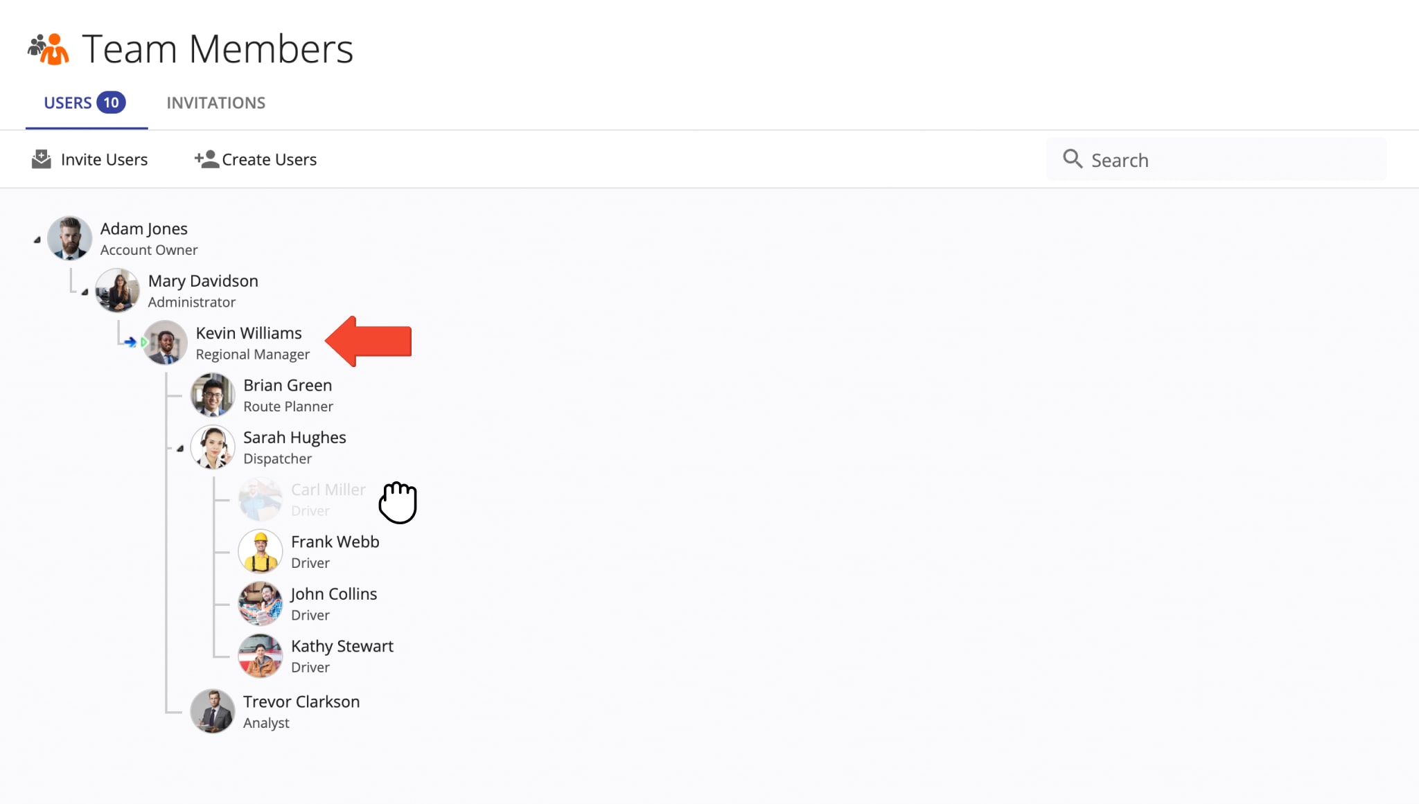 Adjust team hierarchy by changing who drivers, route planners, dispatchers, and other team members report to.