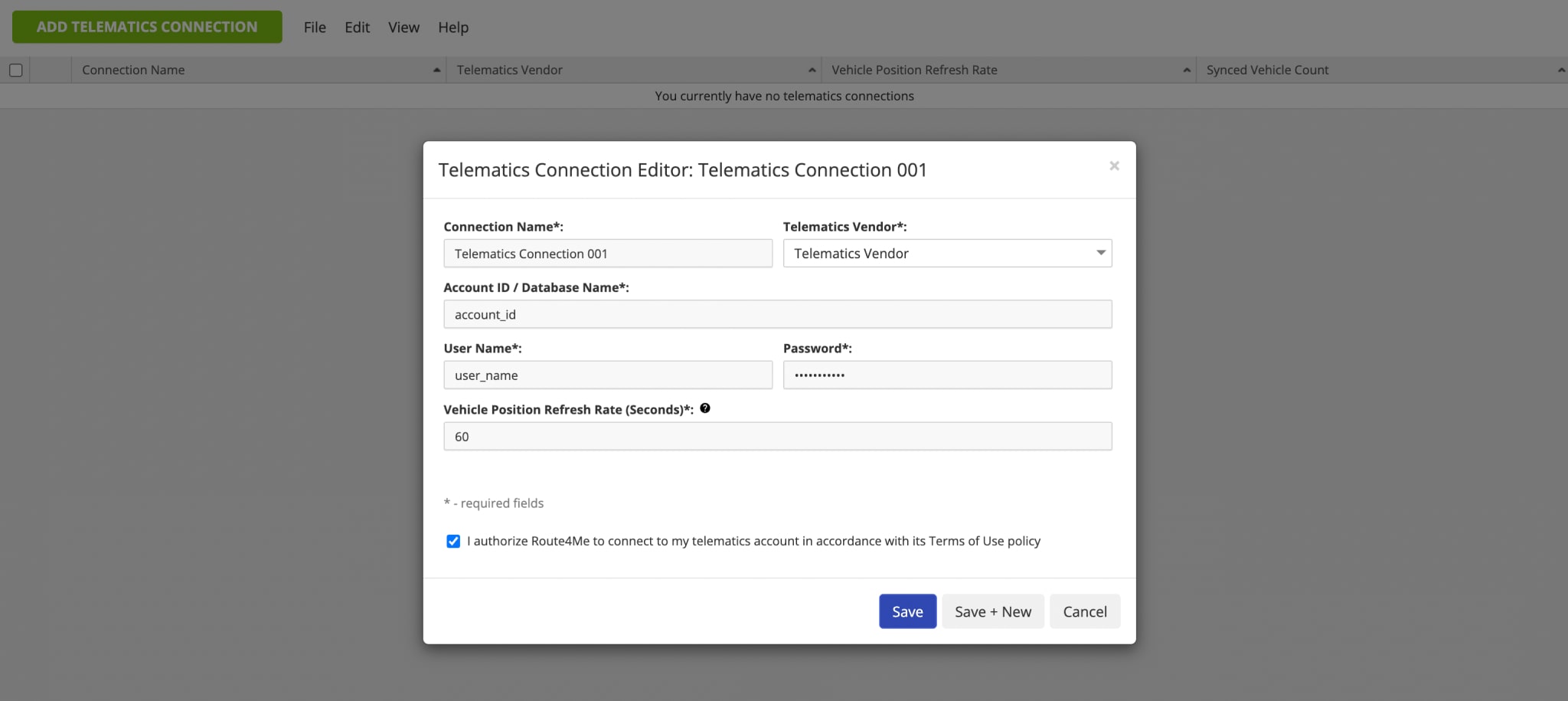 Connect your telematics vendor account to Route4Me to import vehicles. 