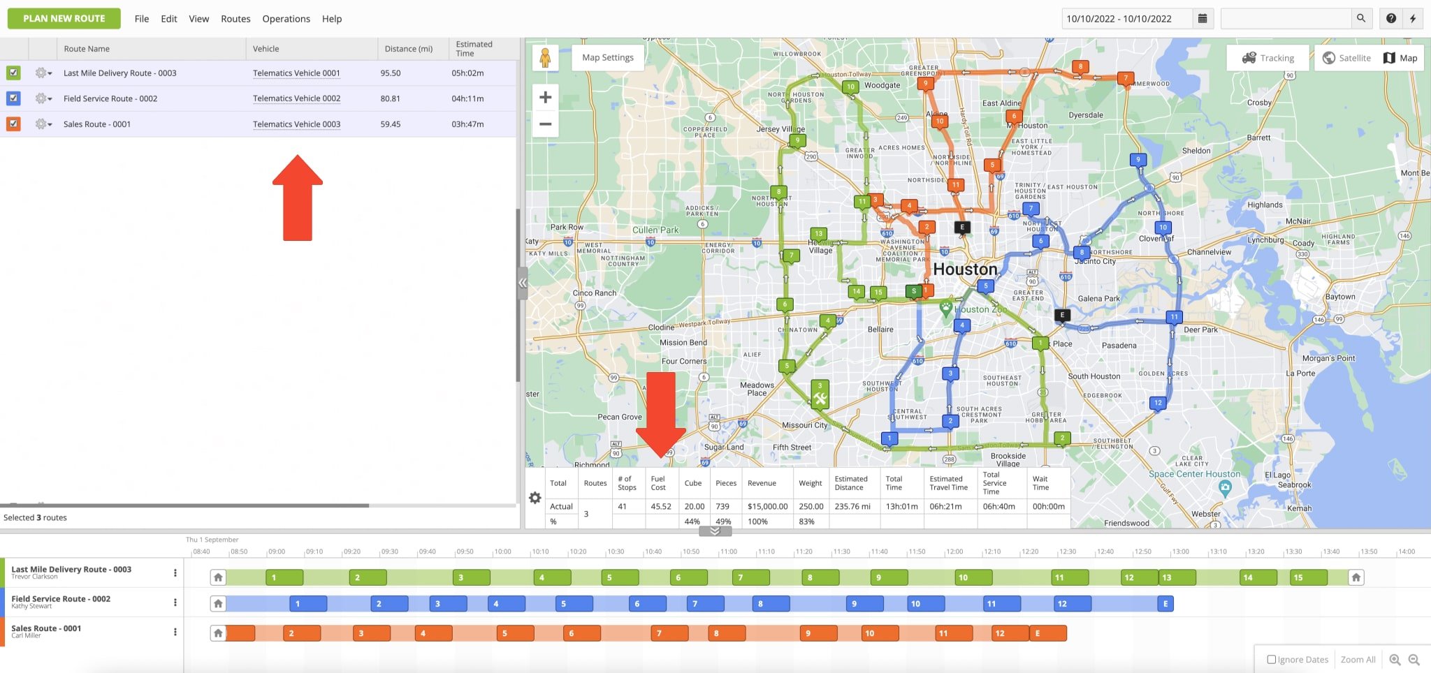 Assign vehicles to optimized last-mile routes to dispatch routes to GPS telematics vehicles.