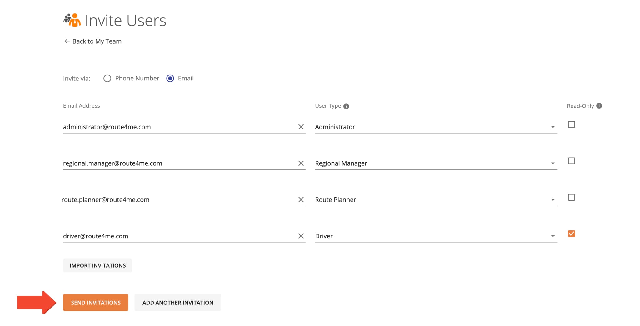 Send multiple user invitations to your drivers, route planners, dispatchers, and other team members to join your Route4Me account.