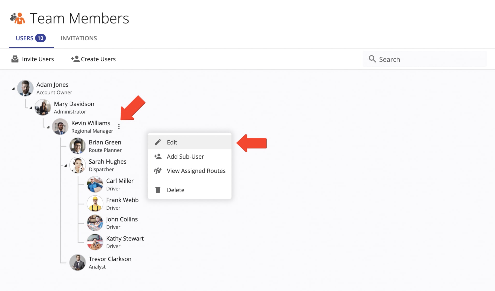 Edit account level permissions for drivers, route planners, dispatchers, and other team members.