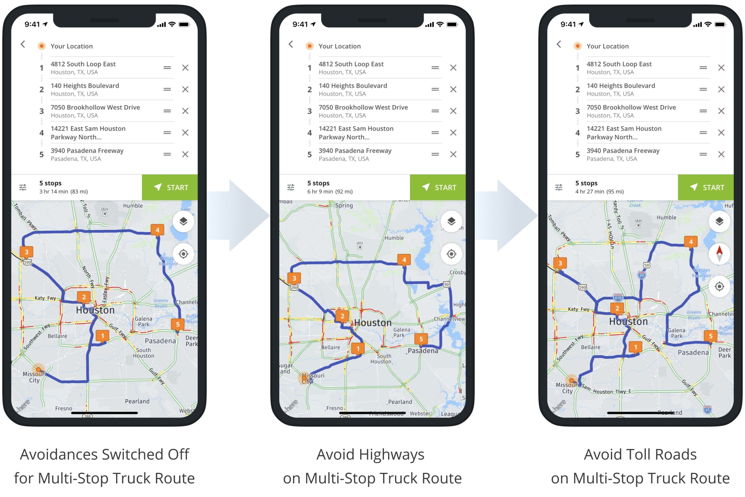 Avoid highways, toll roads, tunnels, ferries, and unpaved roads on the multi-stop route planner app for truckers and commercial vehicles.