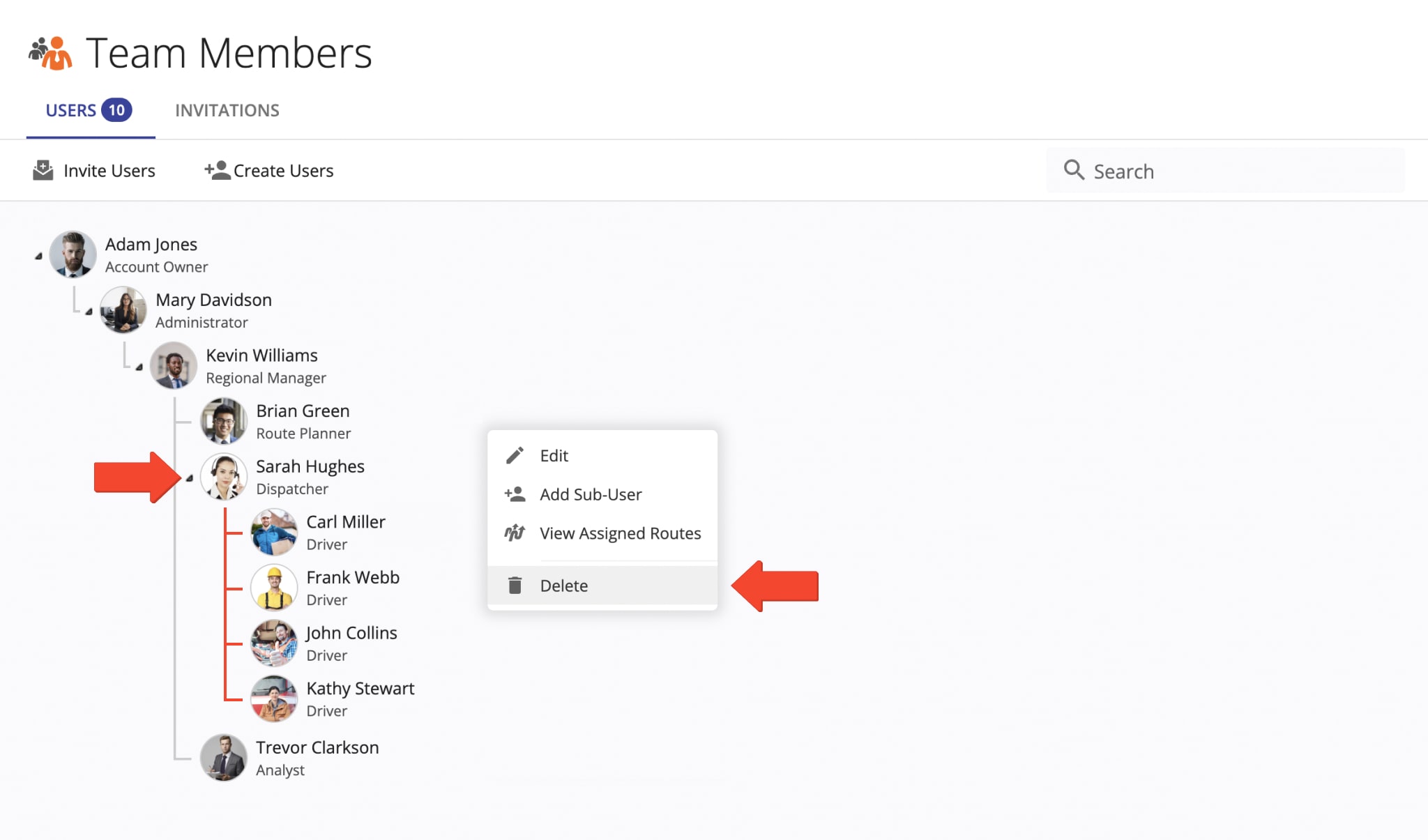 Delete a driver, route planner, dispatcher, manager, or any other user and all its branched sub-users.