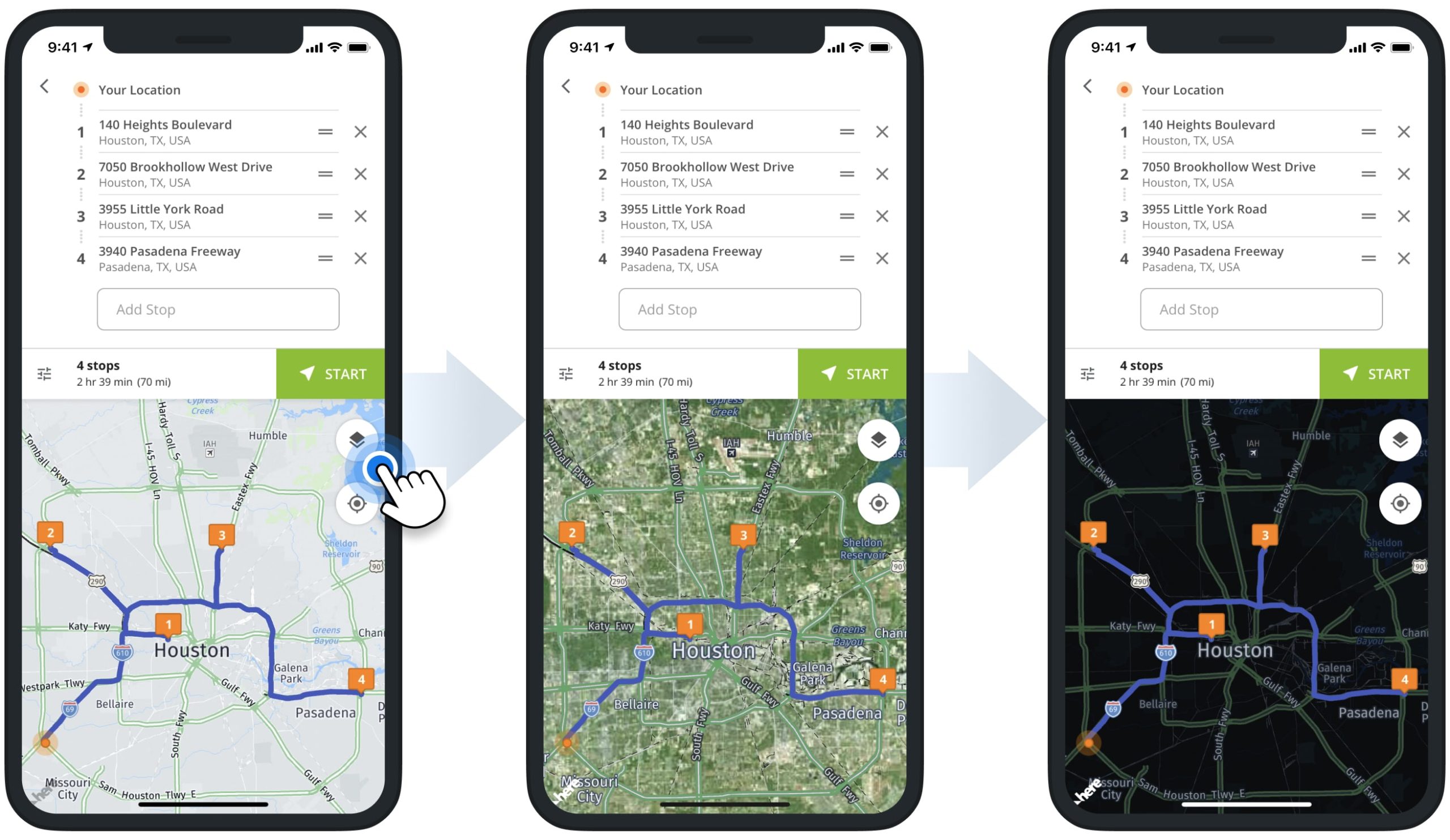 Truck maps settings with regular maps, satellite maps, and dark theme or night mode on the multi-stop truck route planner app.