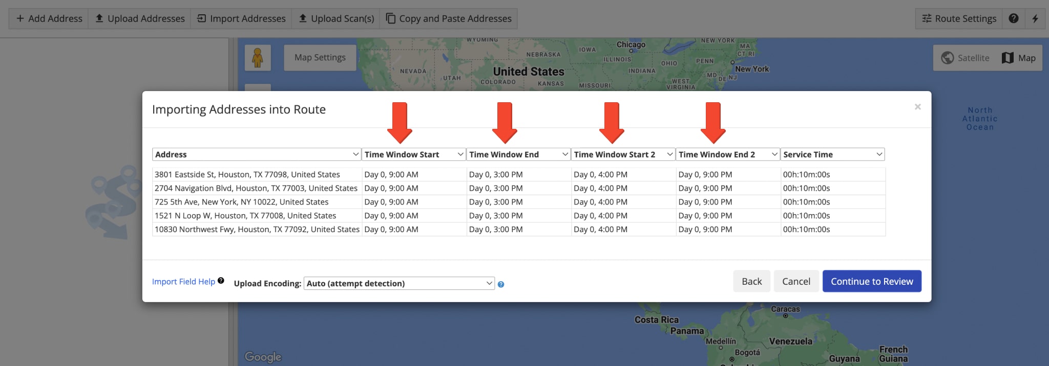 Verify route addresses and customer Time Windows in the uploaded spreadsheet. 