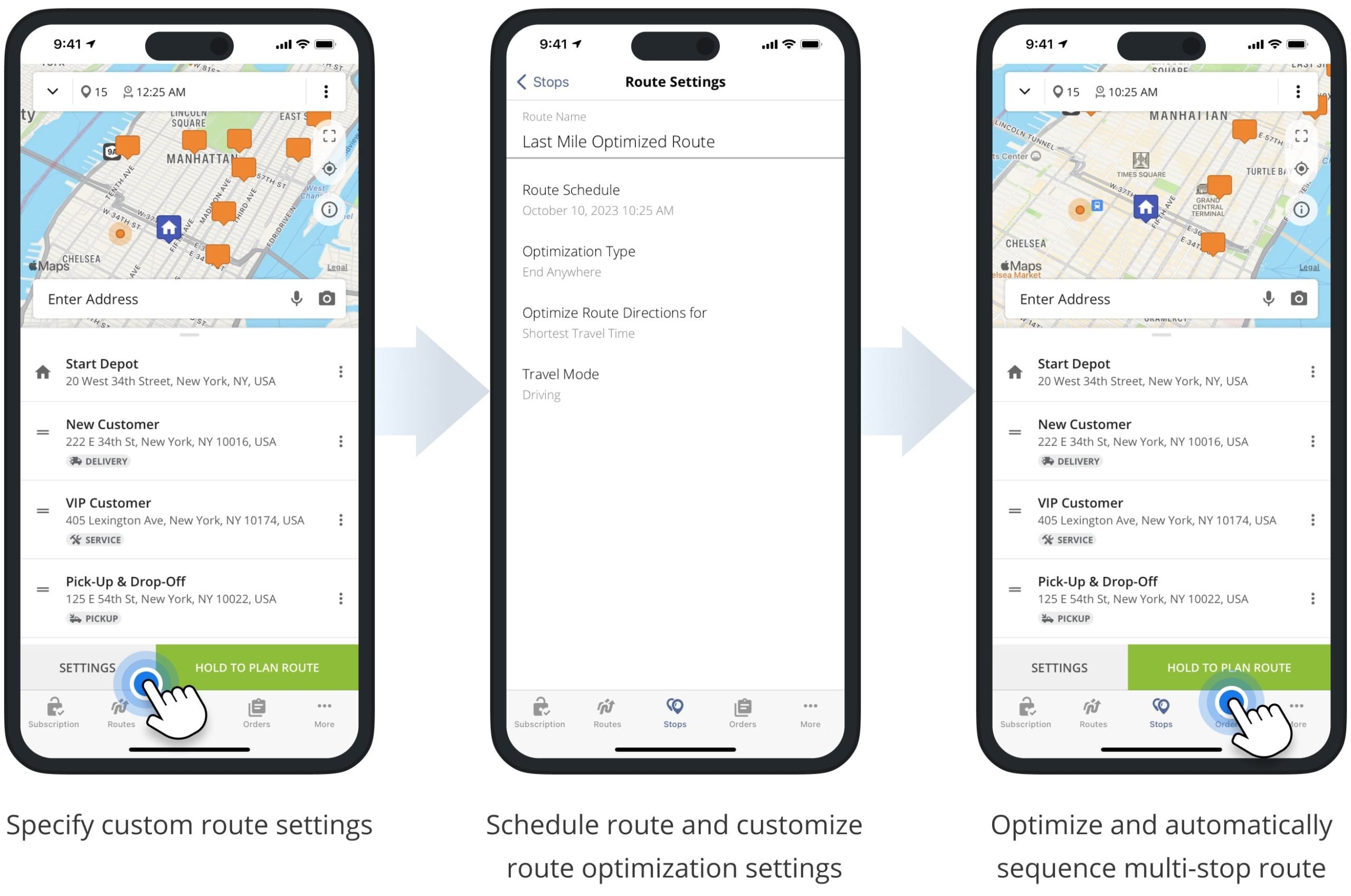Multi-address route optimization settings on the iPhone route planner app.