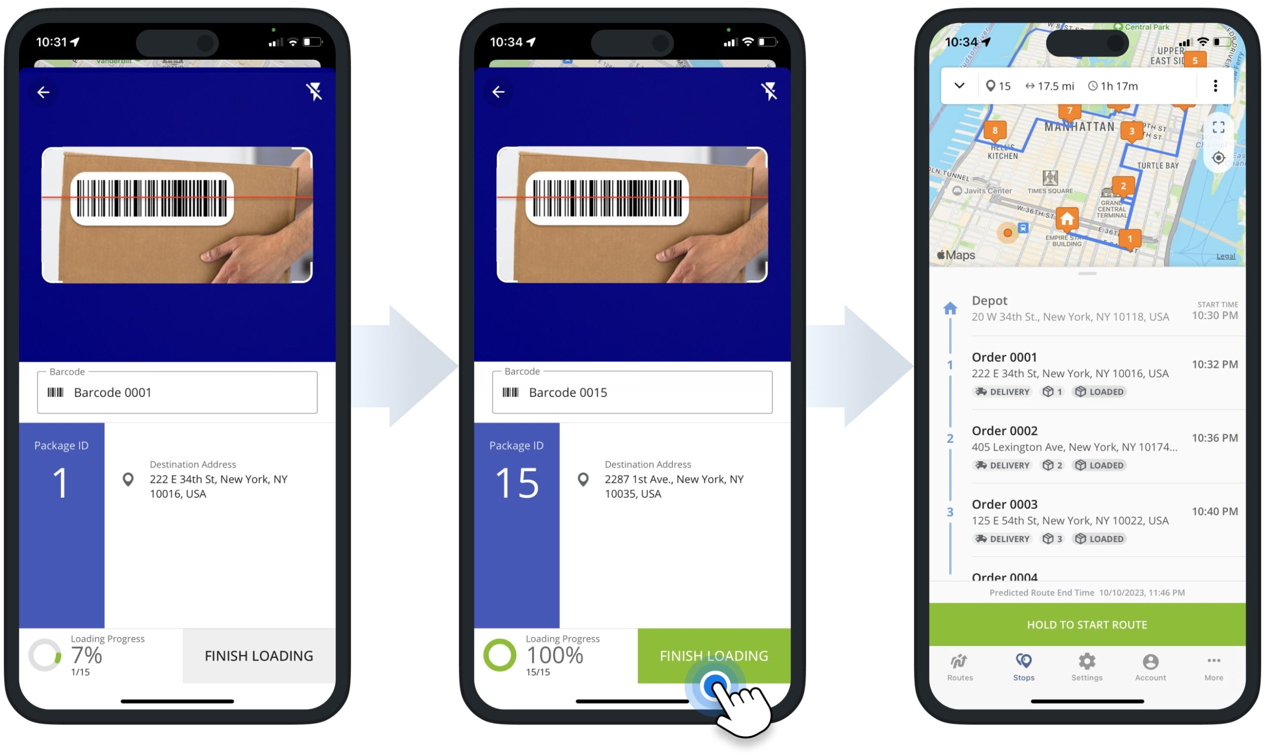 Load orders on the delivery route vehicle by scanning barcodes on packages using the barcode scanner.