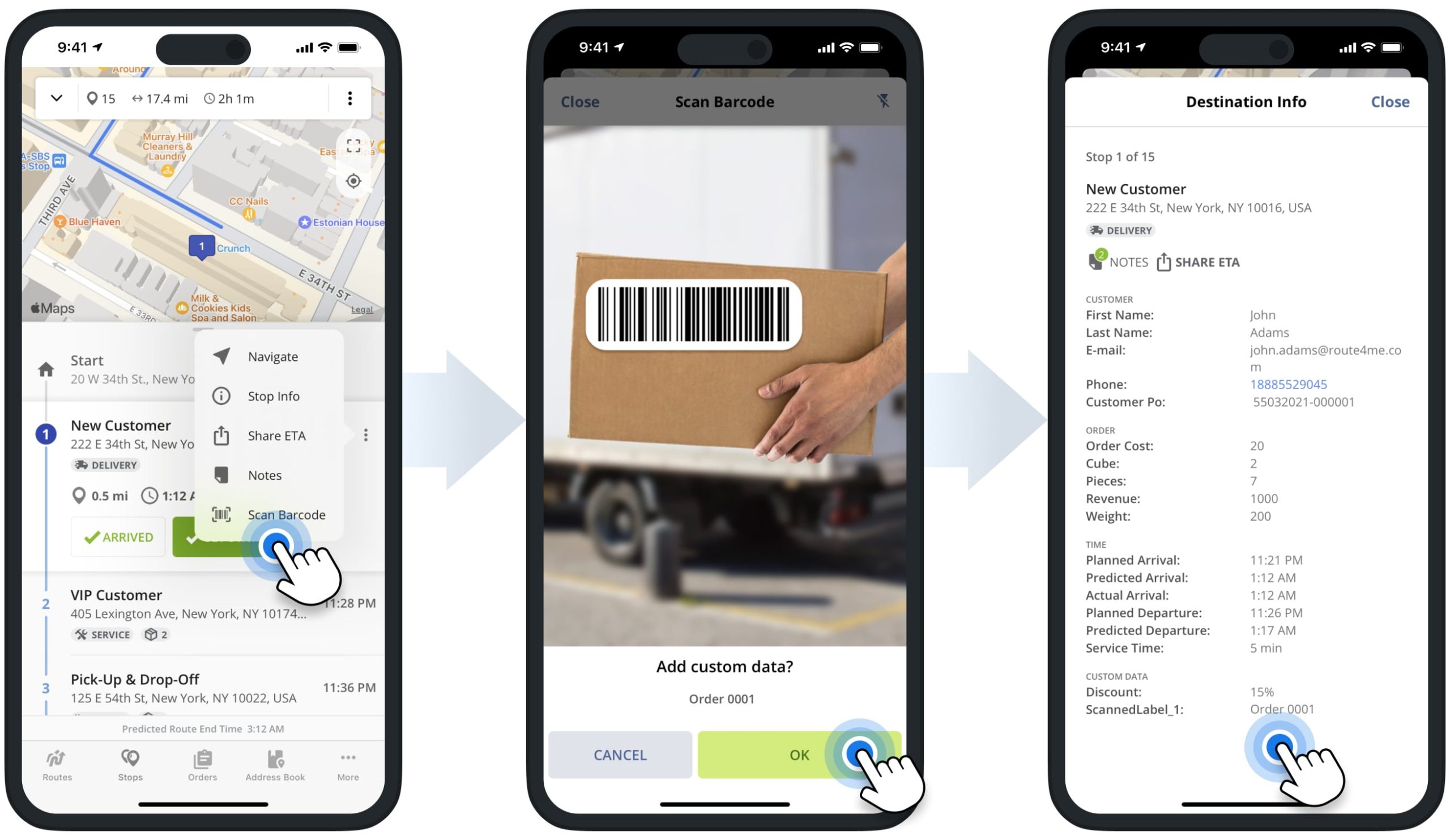 Using the barcode scanner to scan QR codes and barcodes and attach custom data to route stops on Route4Me's iPhone Route Planner app.