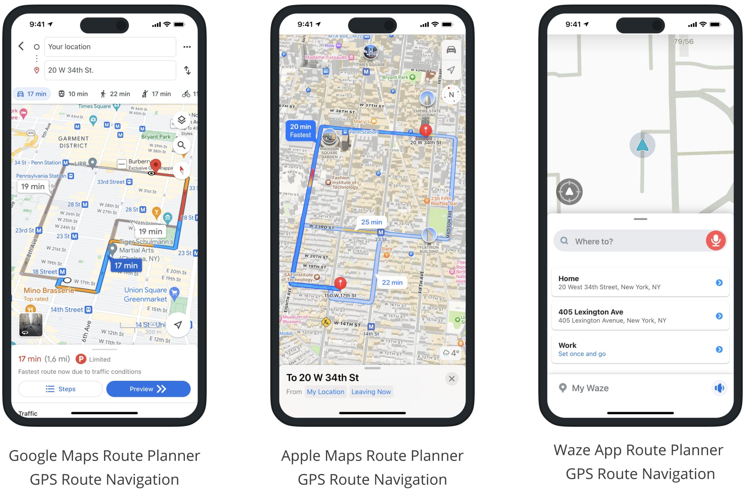 Google Maps, Apple Maps, and Waze App route planner route navigation with live traffic.