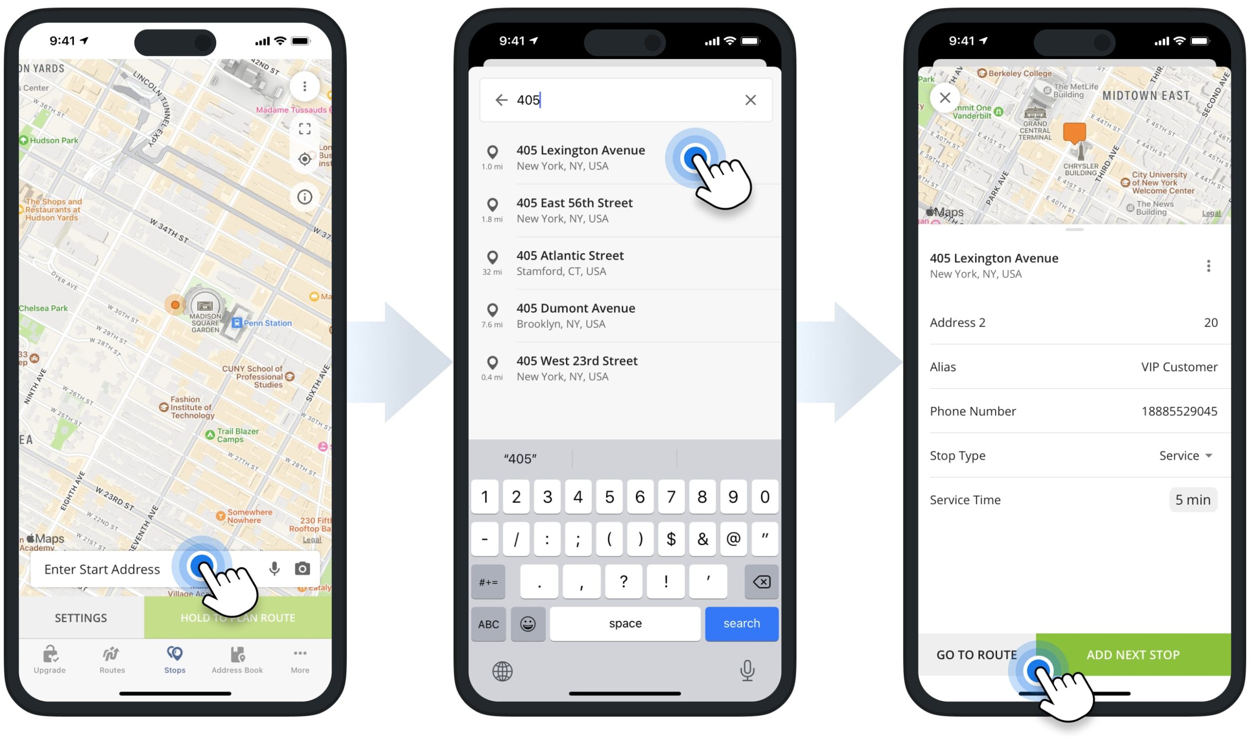 Geocode, validate, and add autocompleted addresses to multi-stop routes on the iPhone route planner app.