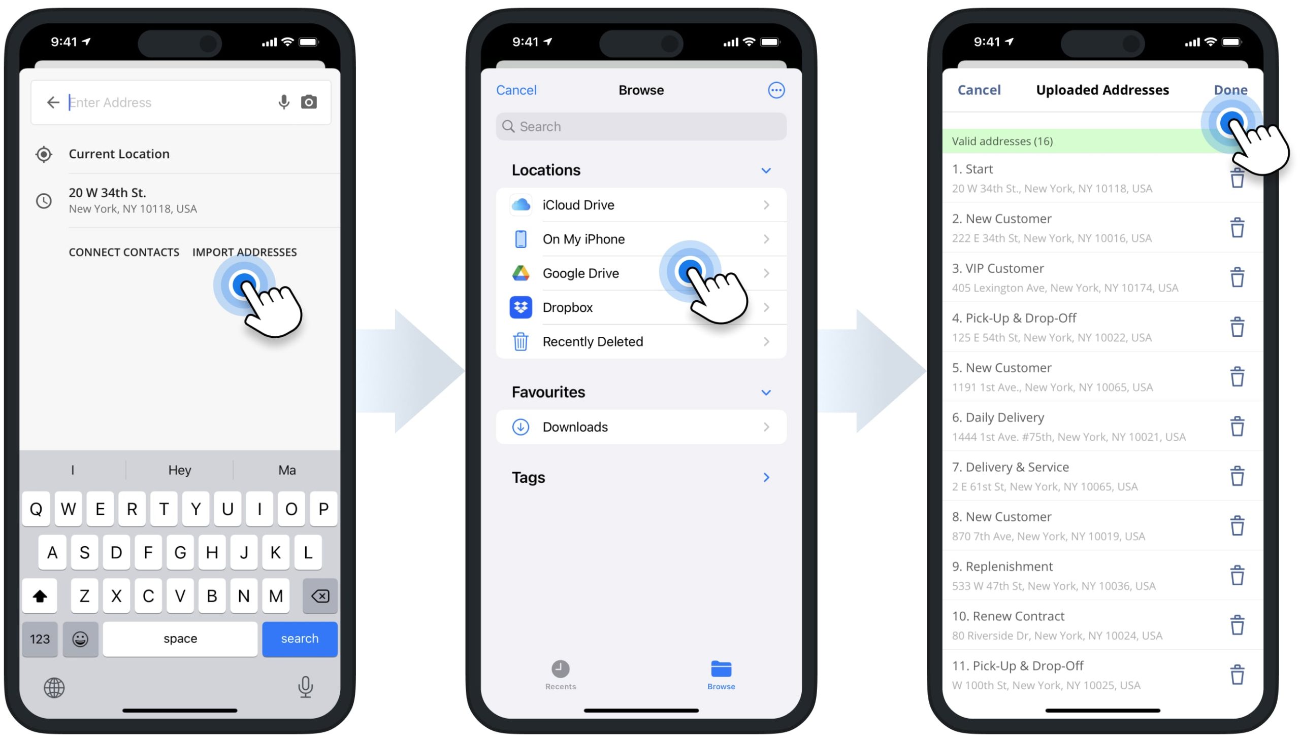 Import addresses from iCloud, Google Drive, Dropbox, and other cloud services and devices into the iPhone route planner app.