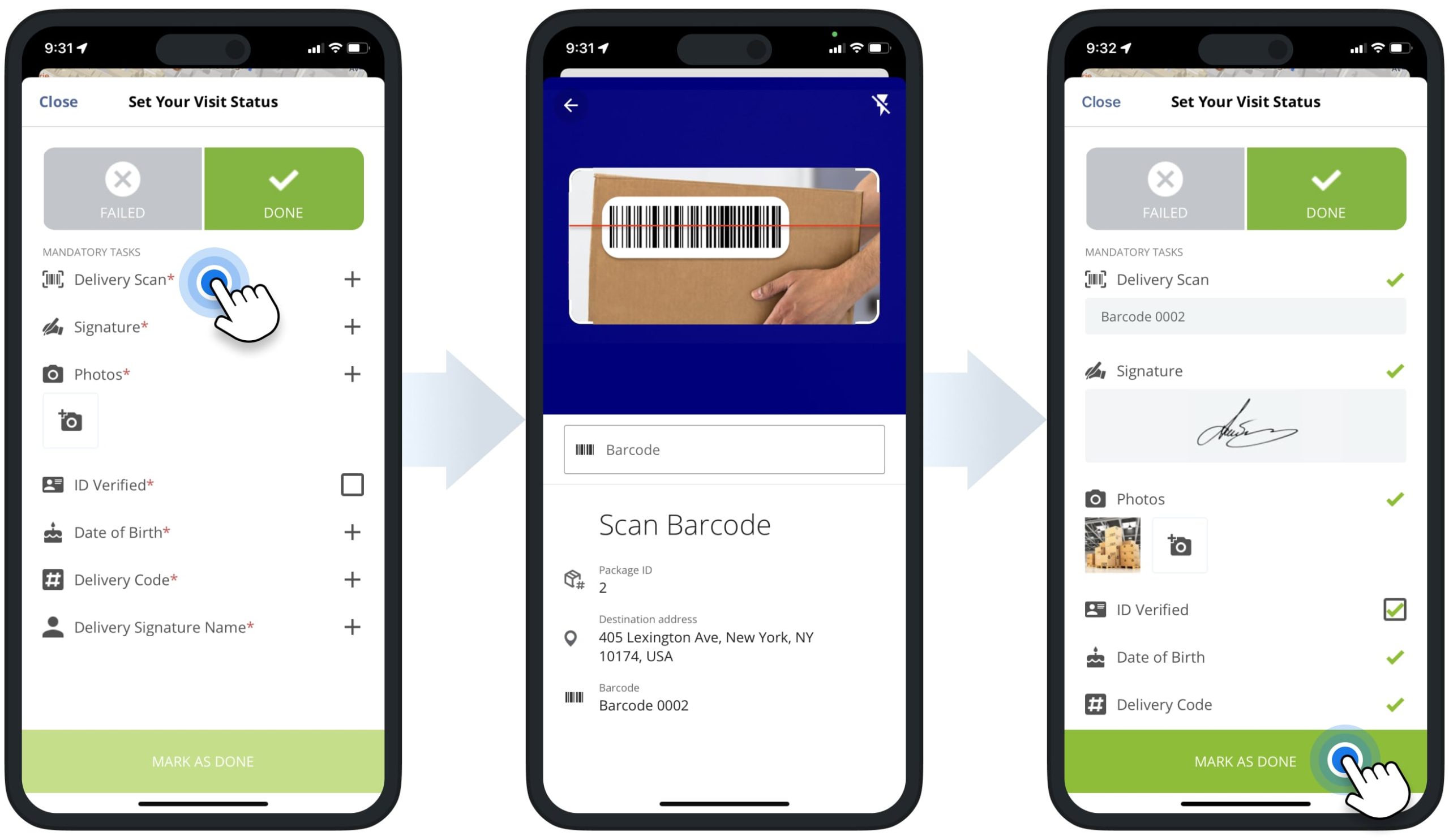 Set the Done stop status, scan the unloading barcode, and attach e-signature, image, and other POD to unload the order and complete delivery.