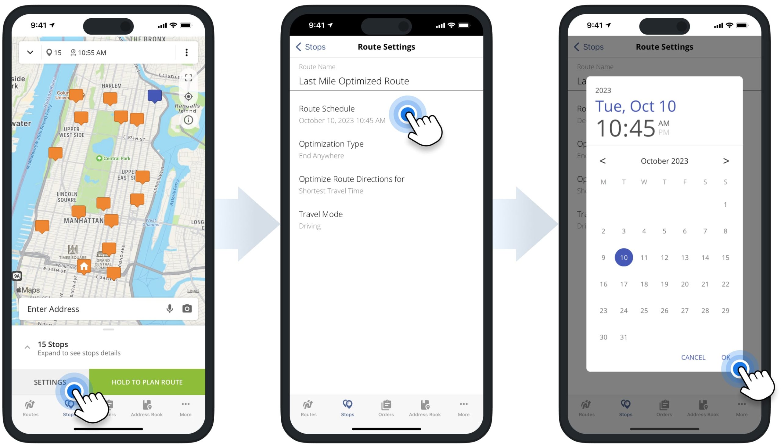 Scheduling multi-stop delivery, pickup, or service routes on the iPhone route planner app.