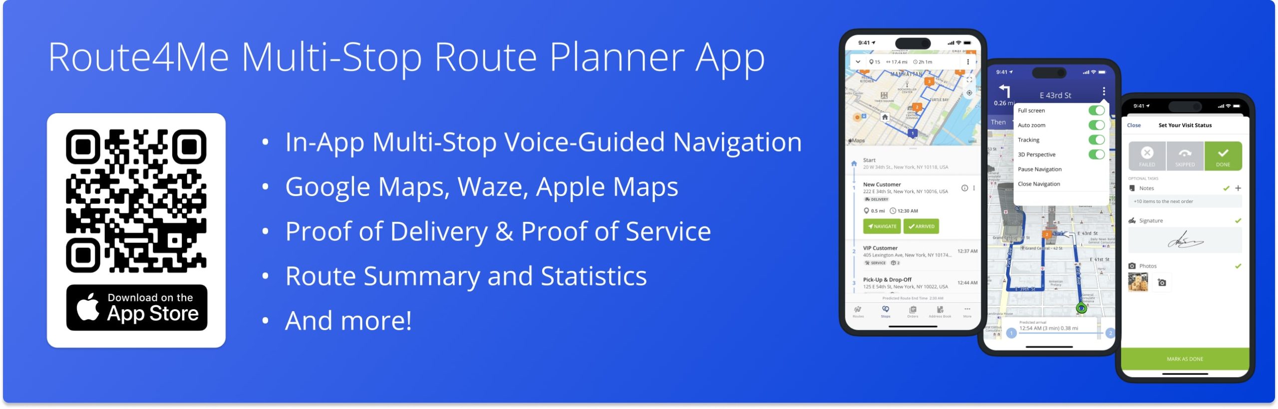 Multi-stop route navigation with in-app navigation, Google Maps, Apple Maps, and Waze on Route4Me's Route Planner app.