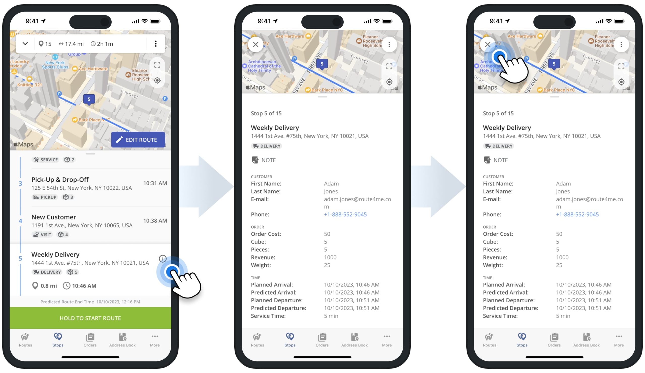 Stop info contains ETAs, order details, customer details, etc., on Route4Me's iPhone Route Planner app.