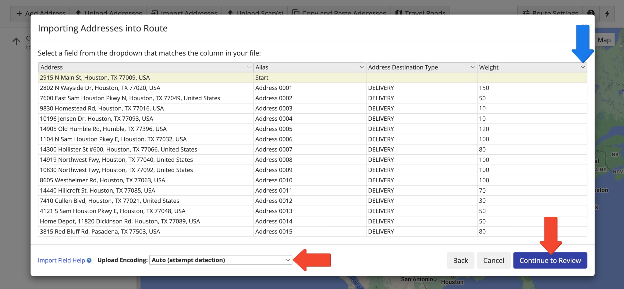 Verify imported Max Weight address spreadsheet data before adding addresses to routes.