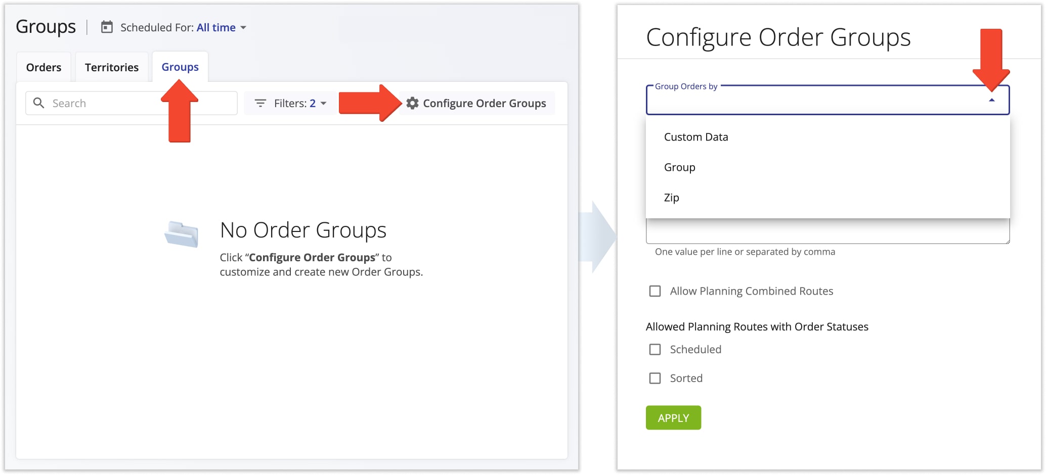 Configure Order Groups to group orders by ZIP Code, Custom Data values, and unique Group IDs and plan routes with custom Order Groups.