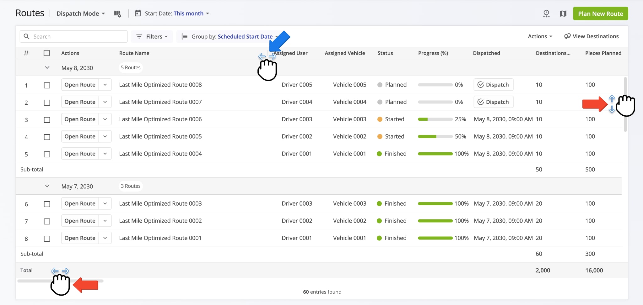 Scroll your Routes List horizontally and vertically to find any route or route data column. Additionally, resize route data columns to your preference.