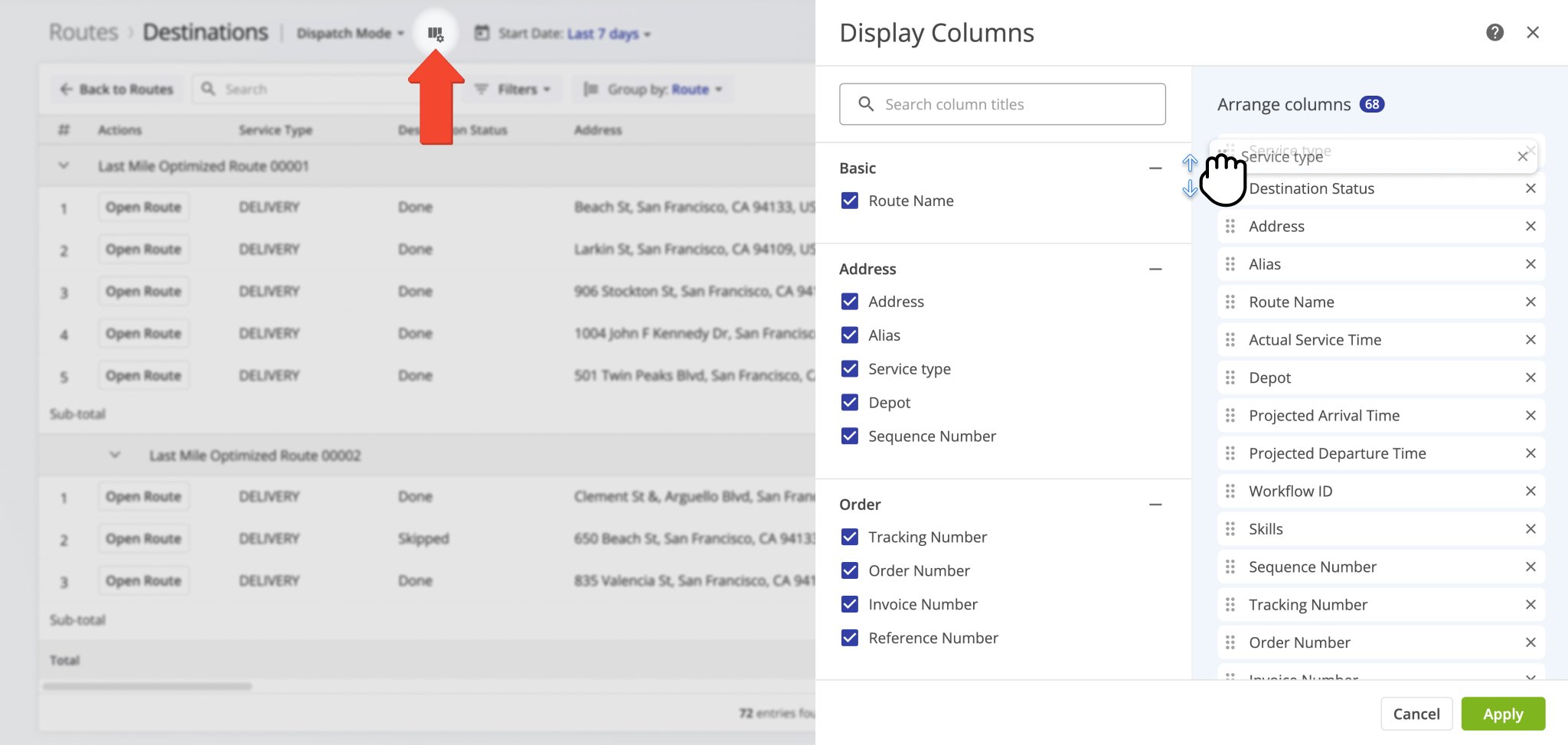 You can easily customize the data on your Destinations List with custom destination data columns and adjust the sequence of these columns.