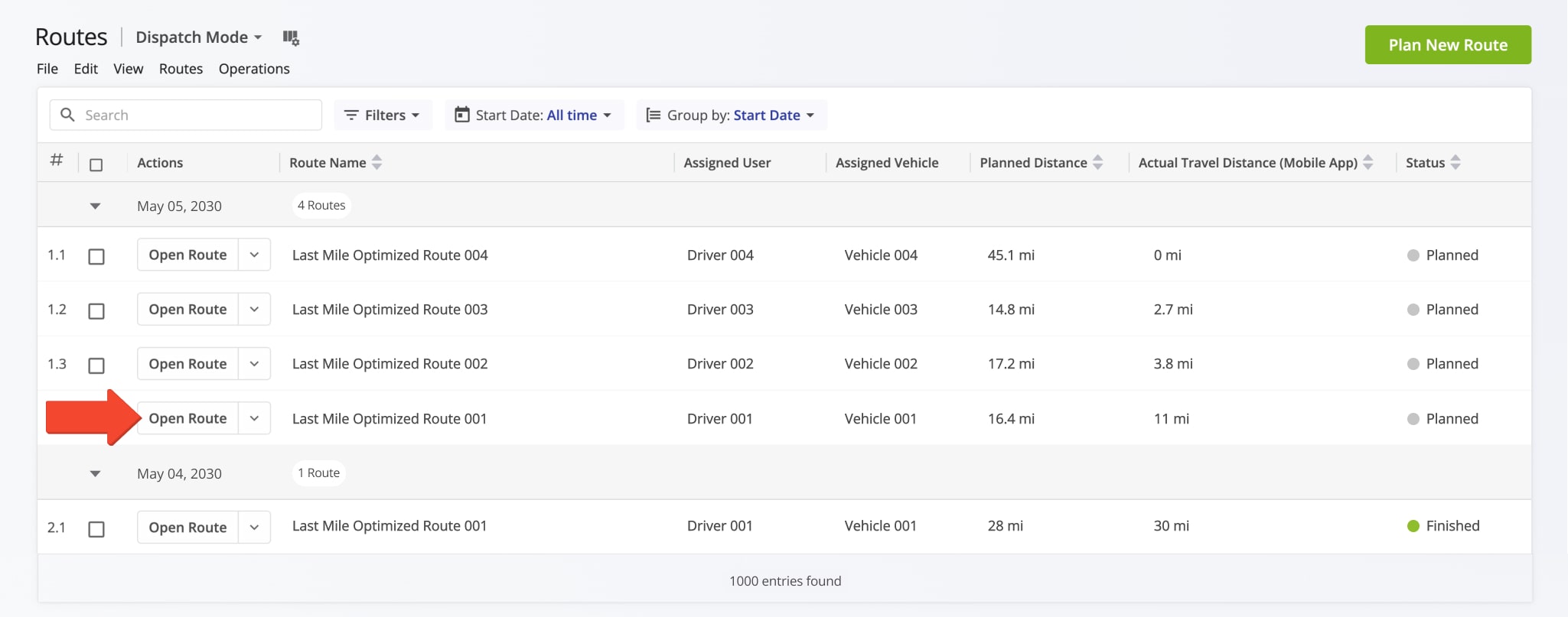 To dispatch routes from your Route4Me Route Editor, first open the preferred route from the Routes List.