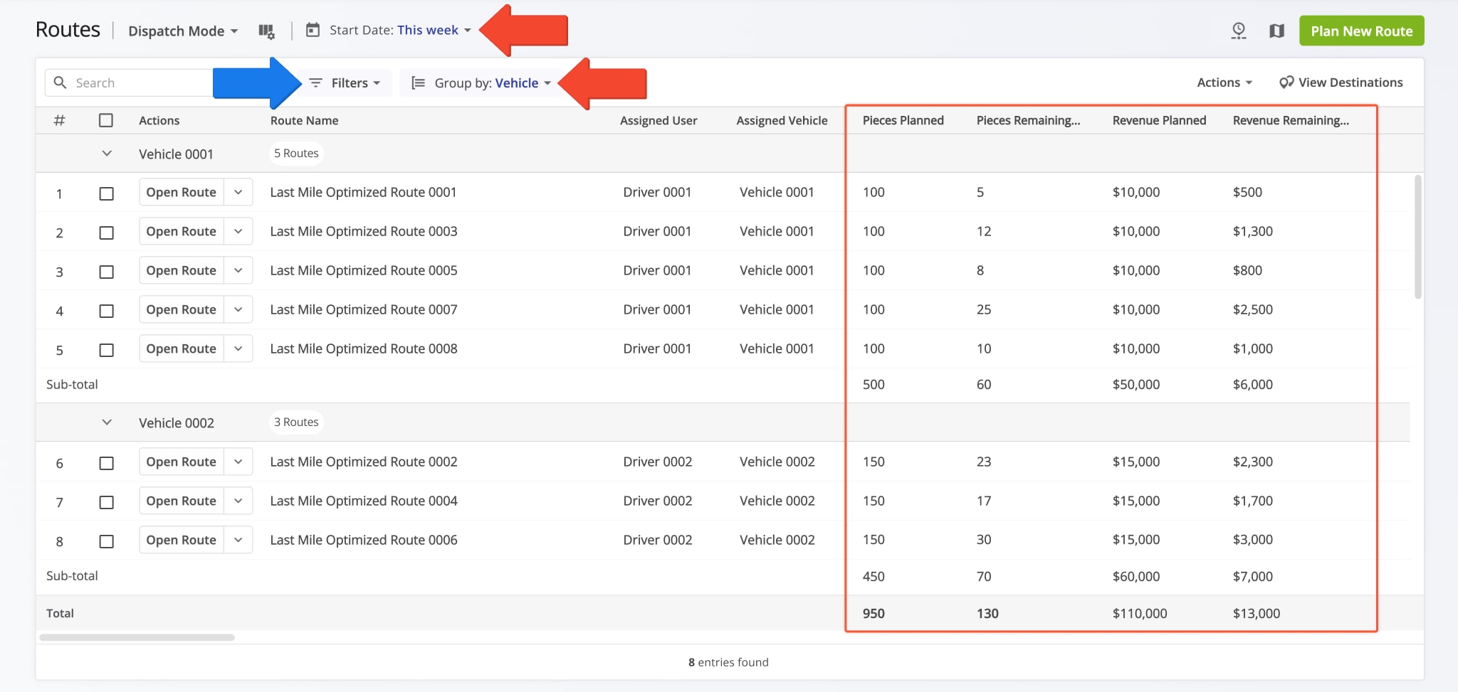 You can monitor vehicle utilization metrics on the Routes List by filtering routes, grouping routes by vehicle, and enabling utilization data columns.