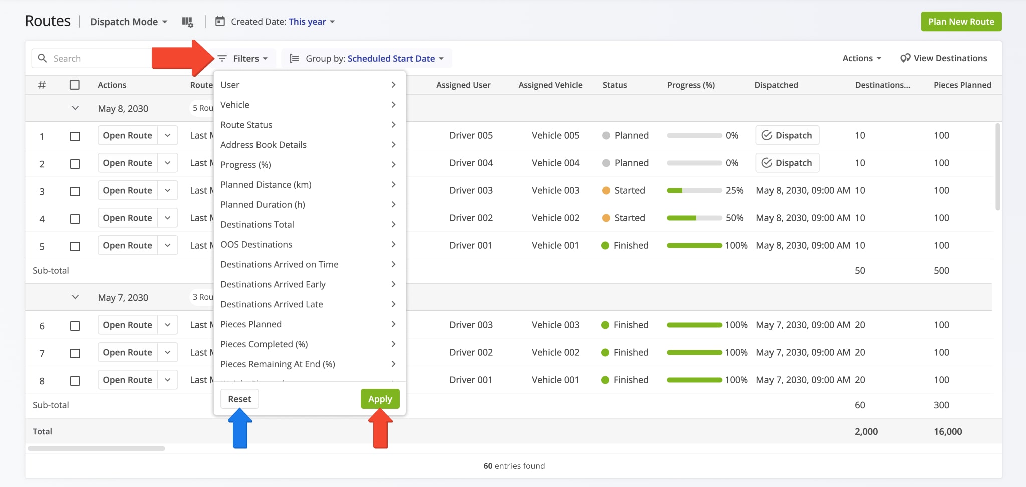 Filter routes by different attributes to see only the most relevant preferred routes from a list of millions.