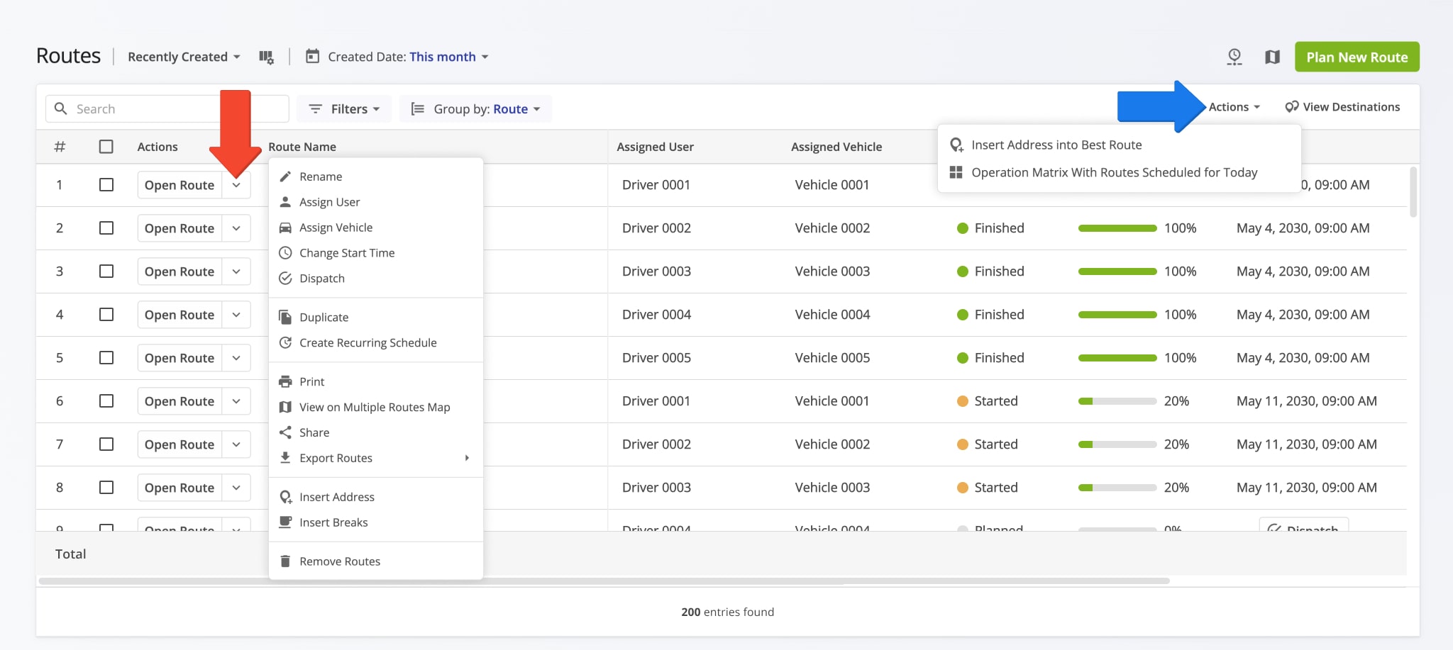 Access route management options directly from your Routes List by clicking the Dropdown Arrow next to Open Route or right-clicking the preferred route.