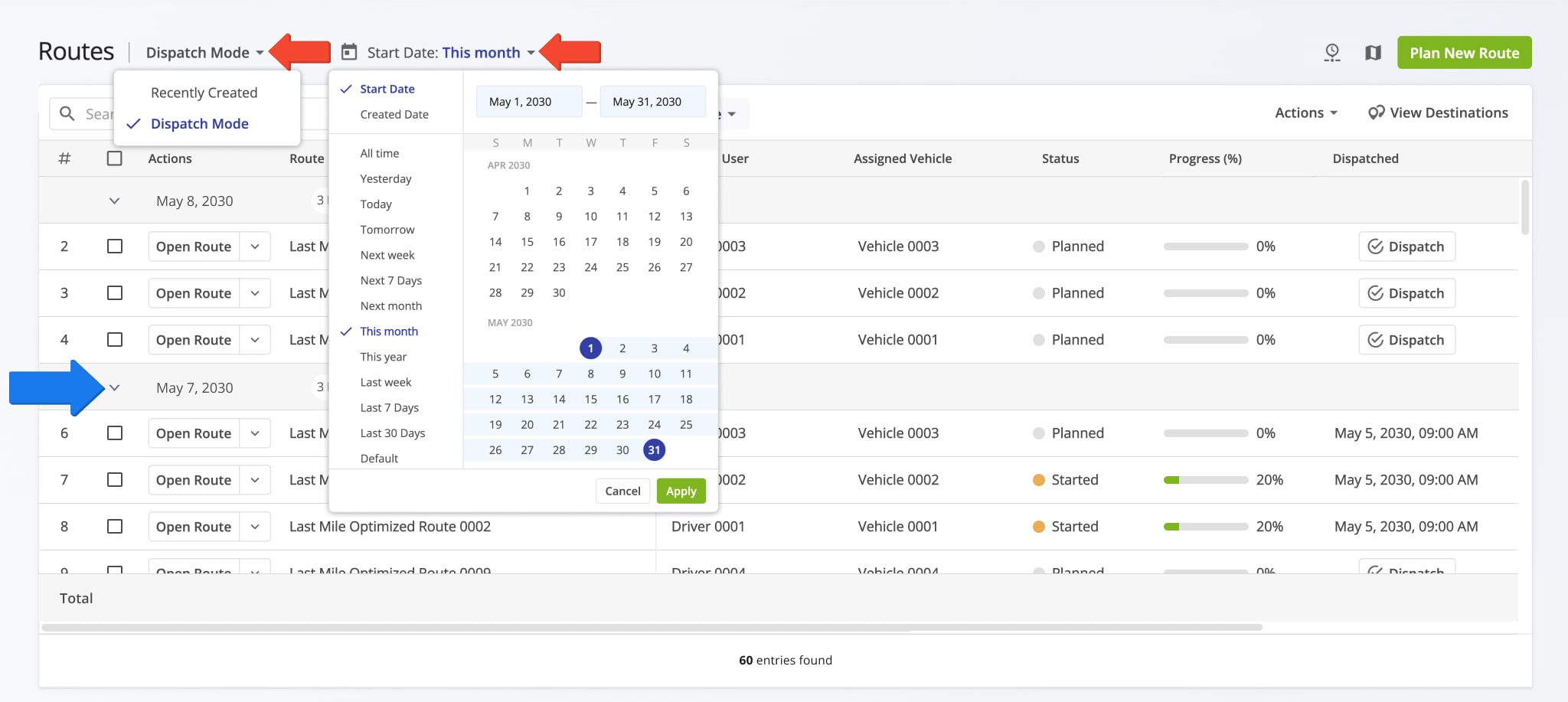 The Dispatch Mode view mode shows routes with the latest start date at the top of your Routes List and routes with the earliest start date at the bottom of the list.