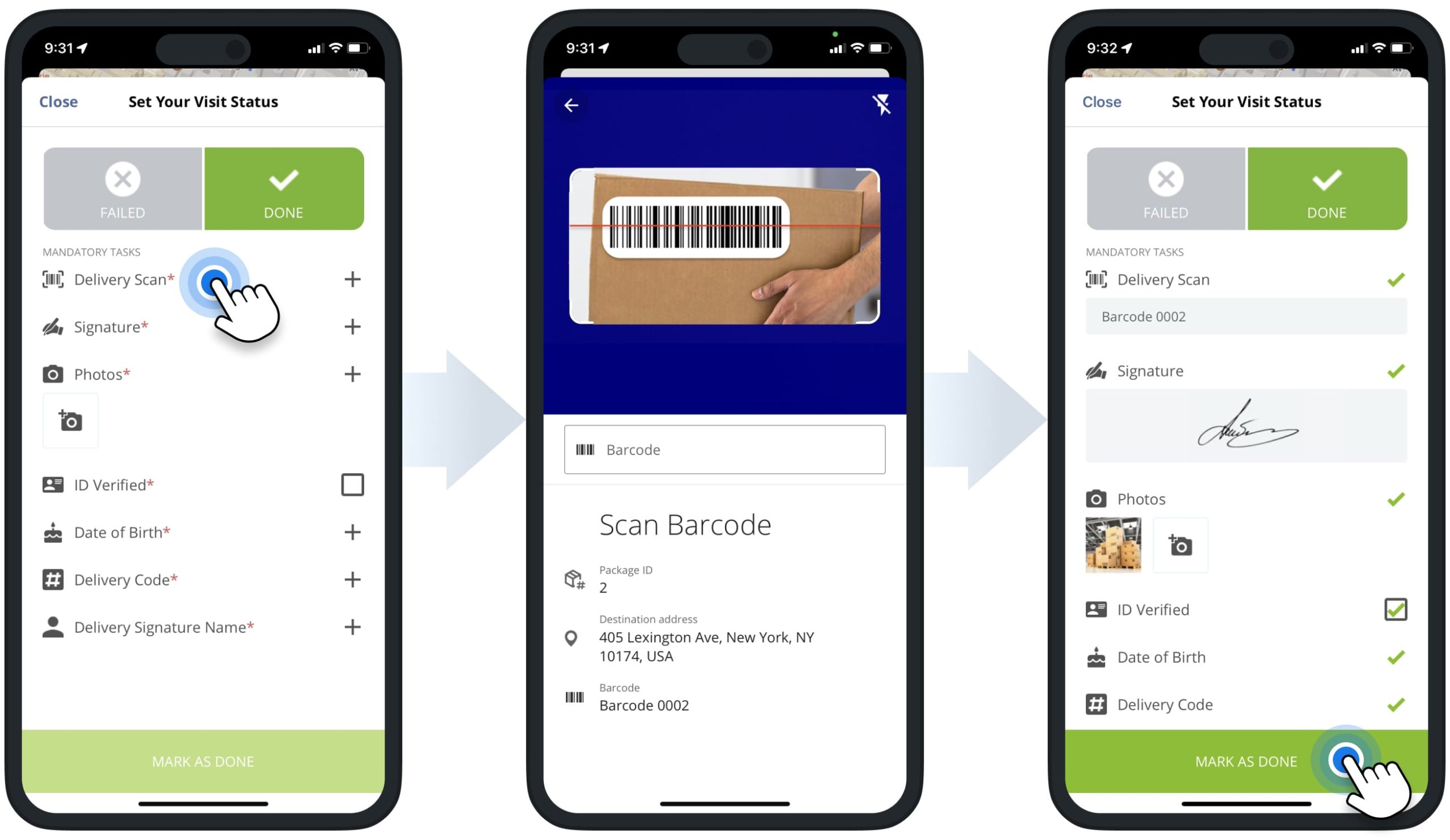Scan Delivery Barcode using the barcode scanner to confirm unloading the order at its corresponding route stop.