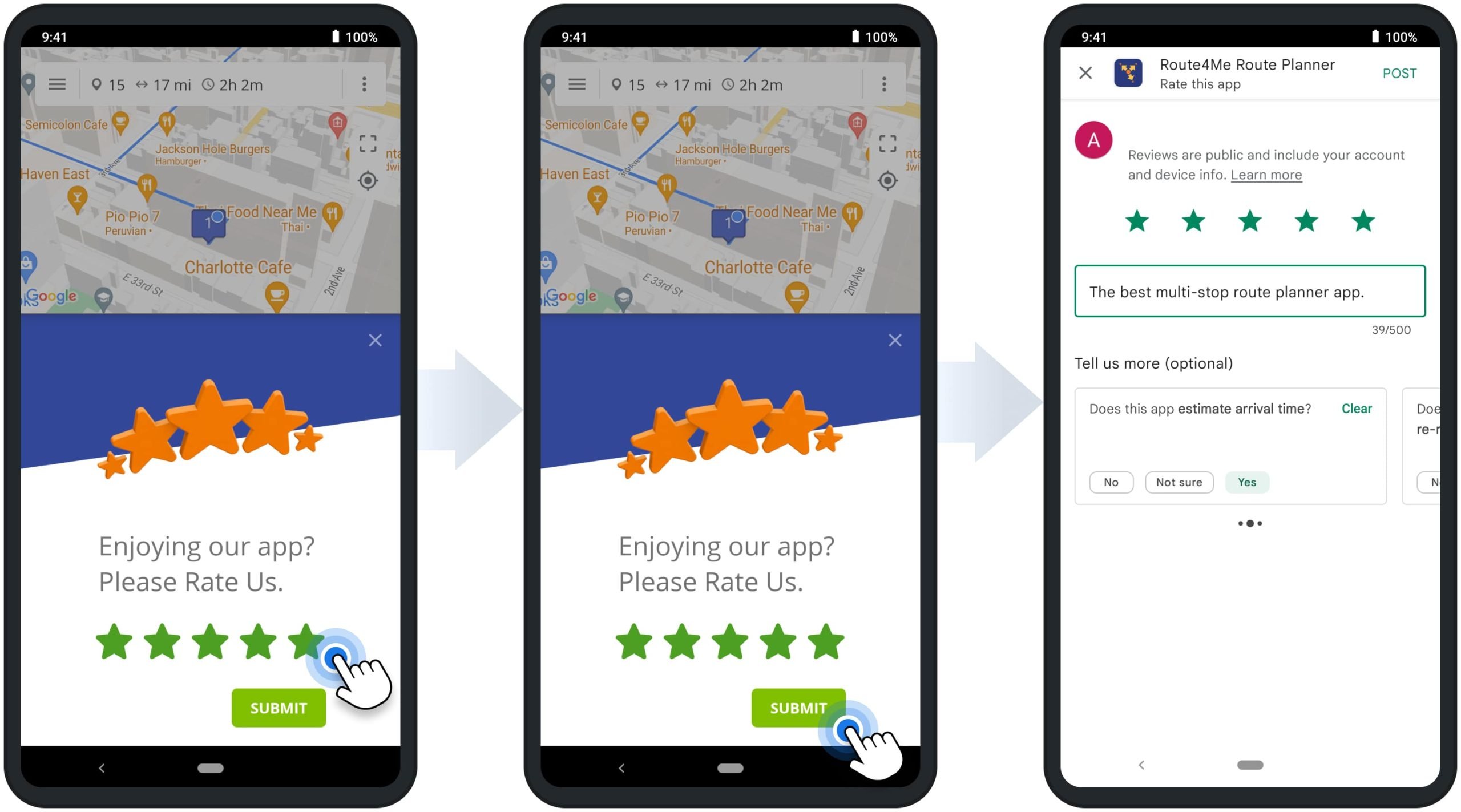Rate Route4Me's Android Route Planner app and leave a review about the app on Google Play.