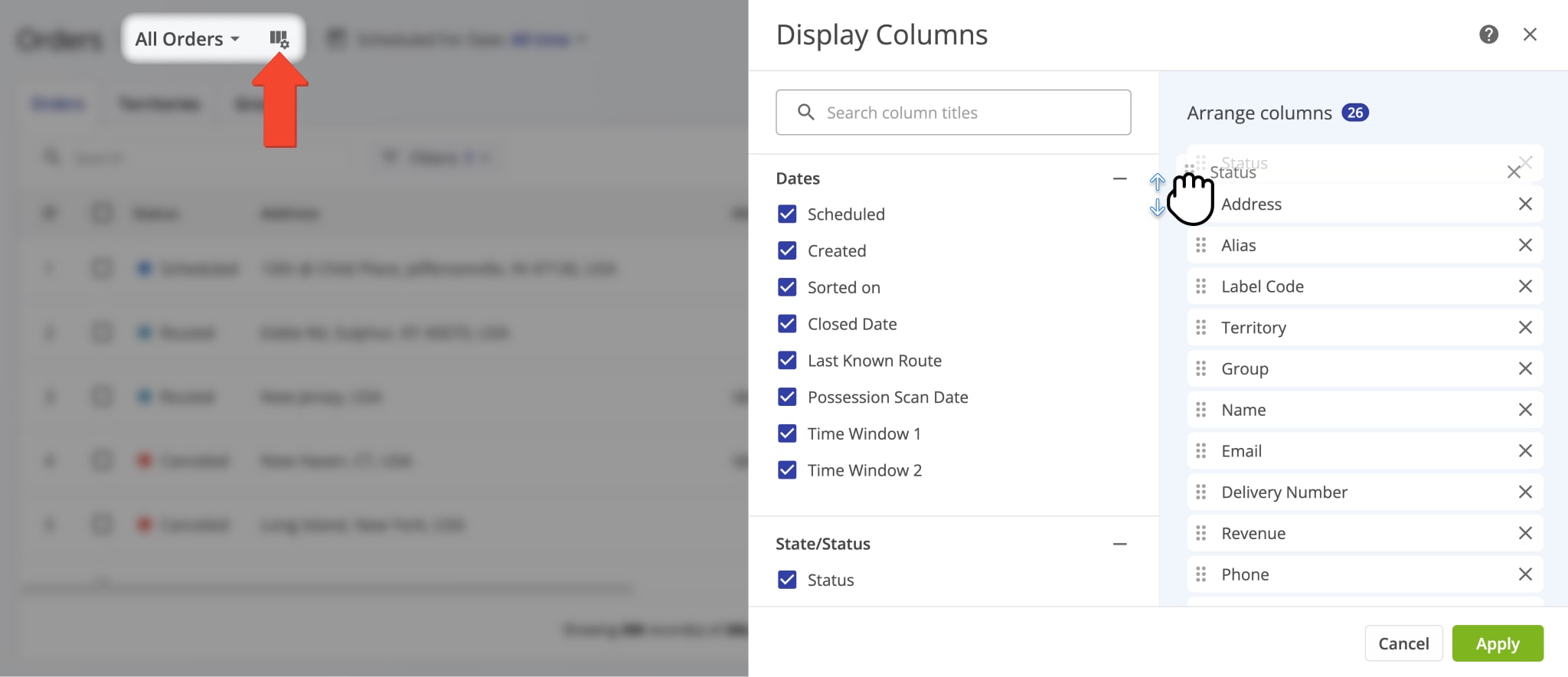 Customize the data columns displayed in your Orders List and their positions.